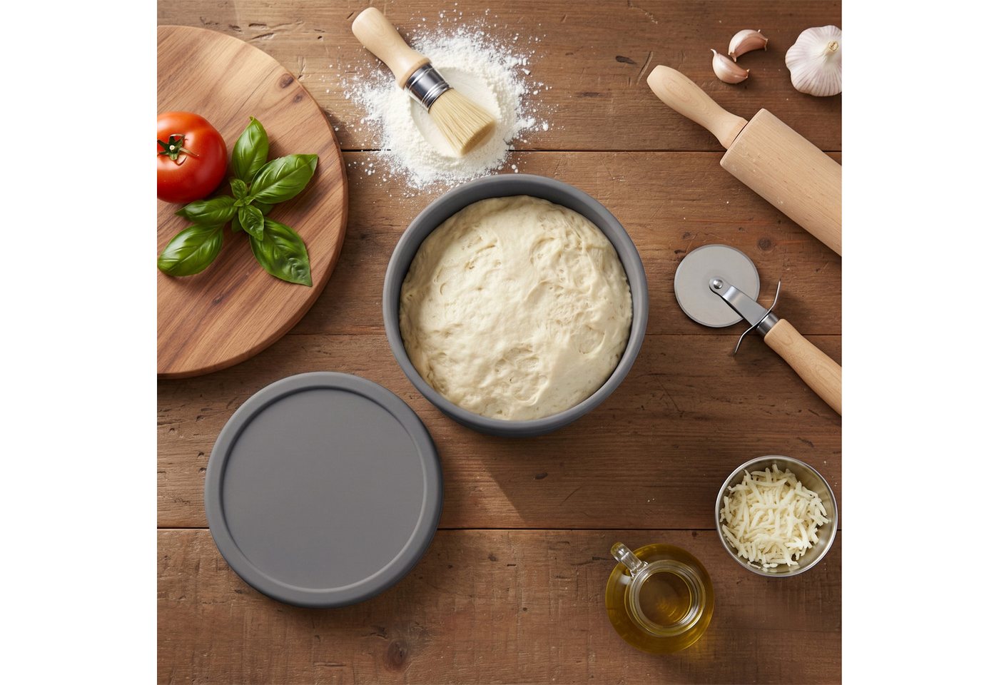 Relaxdays Pizzaballenbox, 4er Set, Silikon, Bis 350 G Teig, Gefrierfest, Hd: 6,5x14,5 Cm, Teigbox Mit Deckel, Dunkelgrau Bild 2