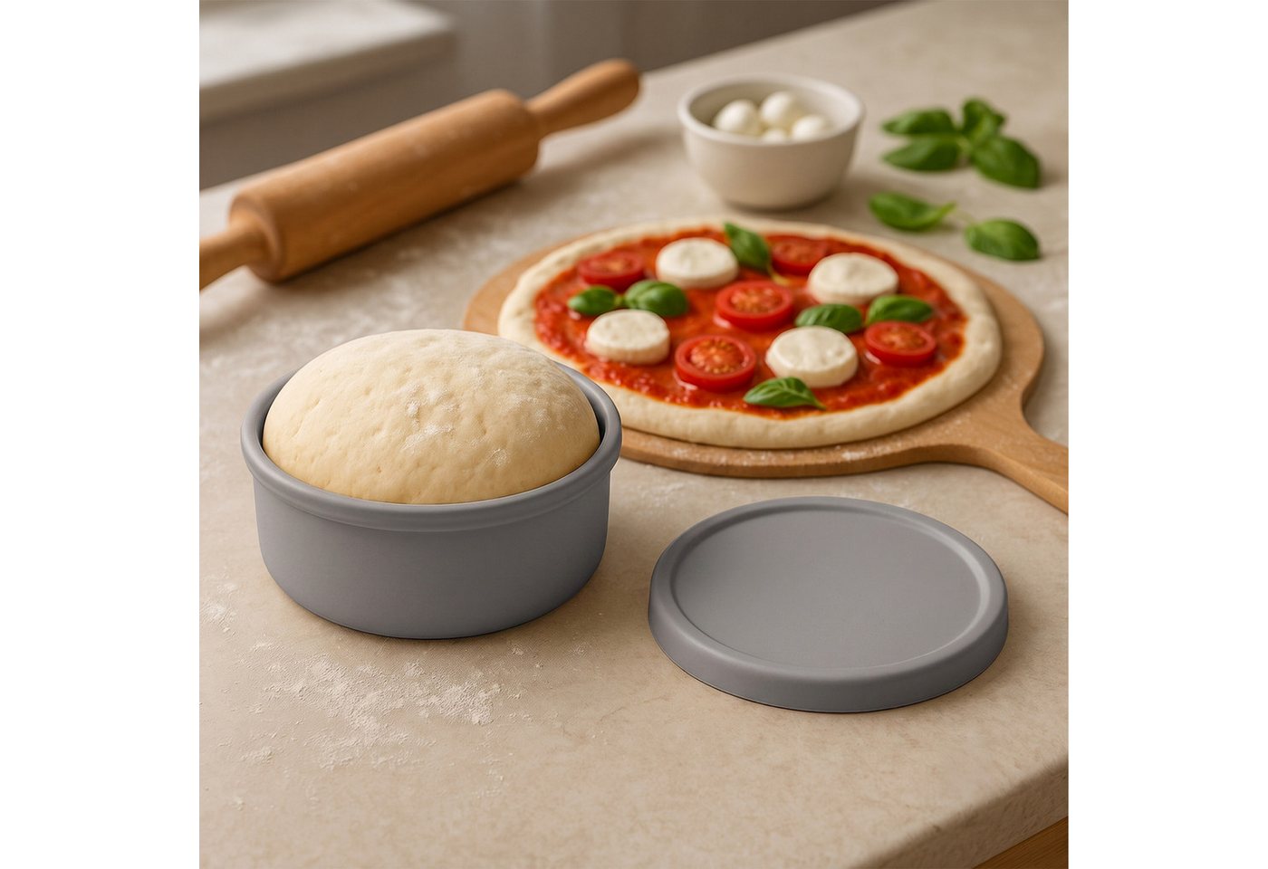 Relaxdays Pizzaballenbox, 4er Set, Silikon, Bis 350 G Teig, Gefrierfest, Hd: 6,5x14,5 Cm, Teigbox Mit Deckel, Dunkelgrau Bild 4