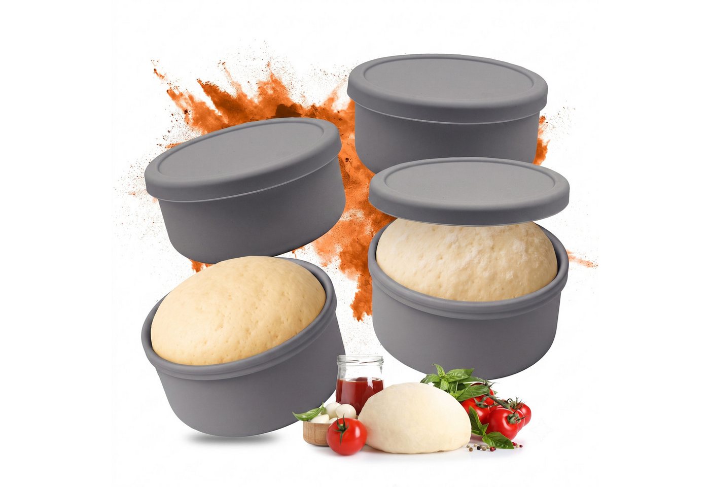 Relaxdays Pizzaballenbox, 4er Set, Silikon, Bis 350 G Teig, Gefrierfest, Hd: 6,5x14,5 Cm, Teigbox Mit Deckel, Dunkelgrau Bild 5