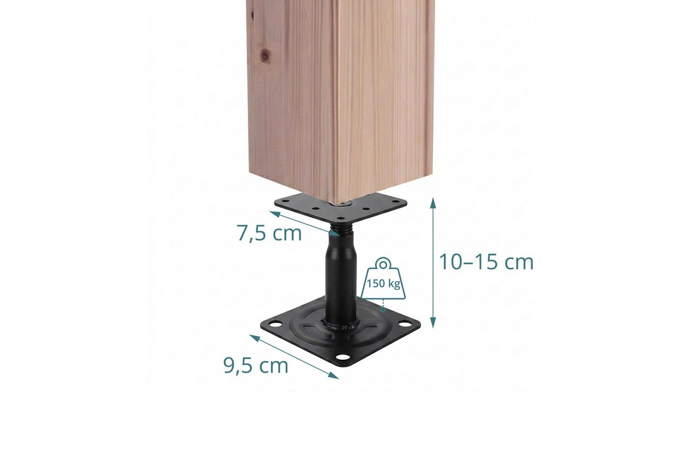 Relaxdays Pfostenträger 4er Set, Höhenverstellbar 100-150mm, Pfostenfuß, Holzschutz 9,5x9,5cm, Stützenfuß Stahl, Schwarz