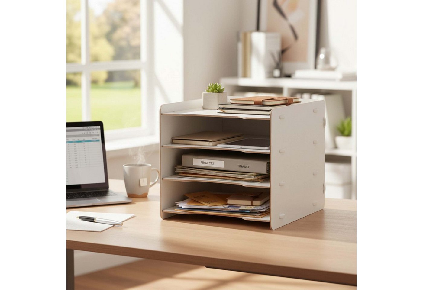 Relaxdays Briefablage, Din A4, 4 Fächer, Hxbxt: 25 X 25 X 31 Cm, Mdf, Stecksystem, Ablagefächer Büro, Büroablage, Braun