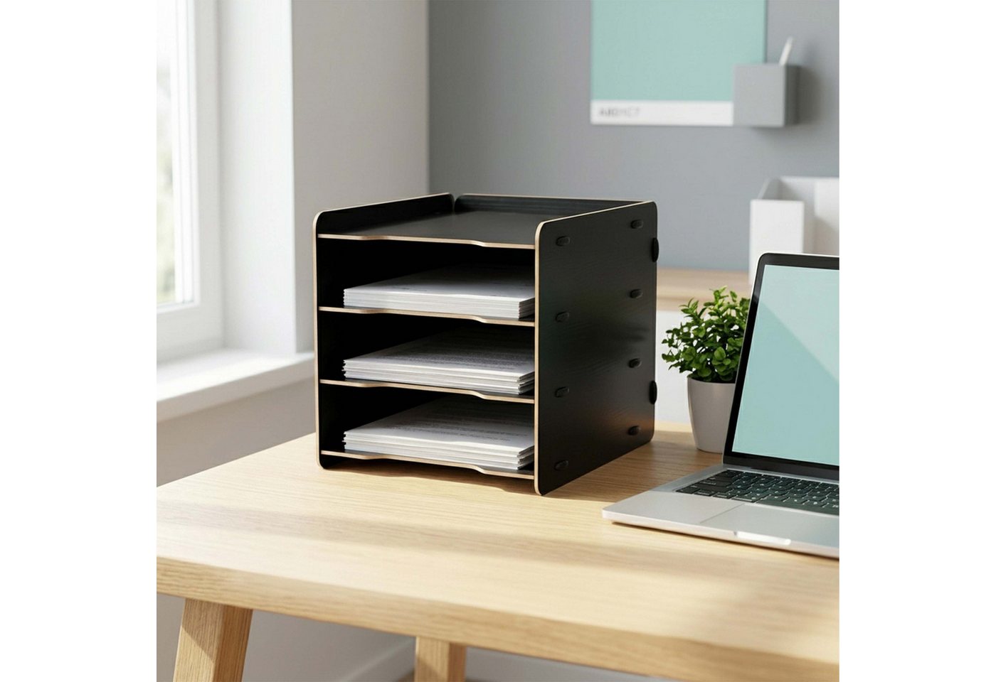 Relaxdays Briefablage, Din A4, 4 Fächer, Hxbxt: 25 X 25 X 31 Cm, Mdf, Stecksystem, Ablagefächer Büro, Büroablage, Braun Bild 2