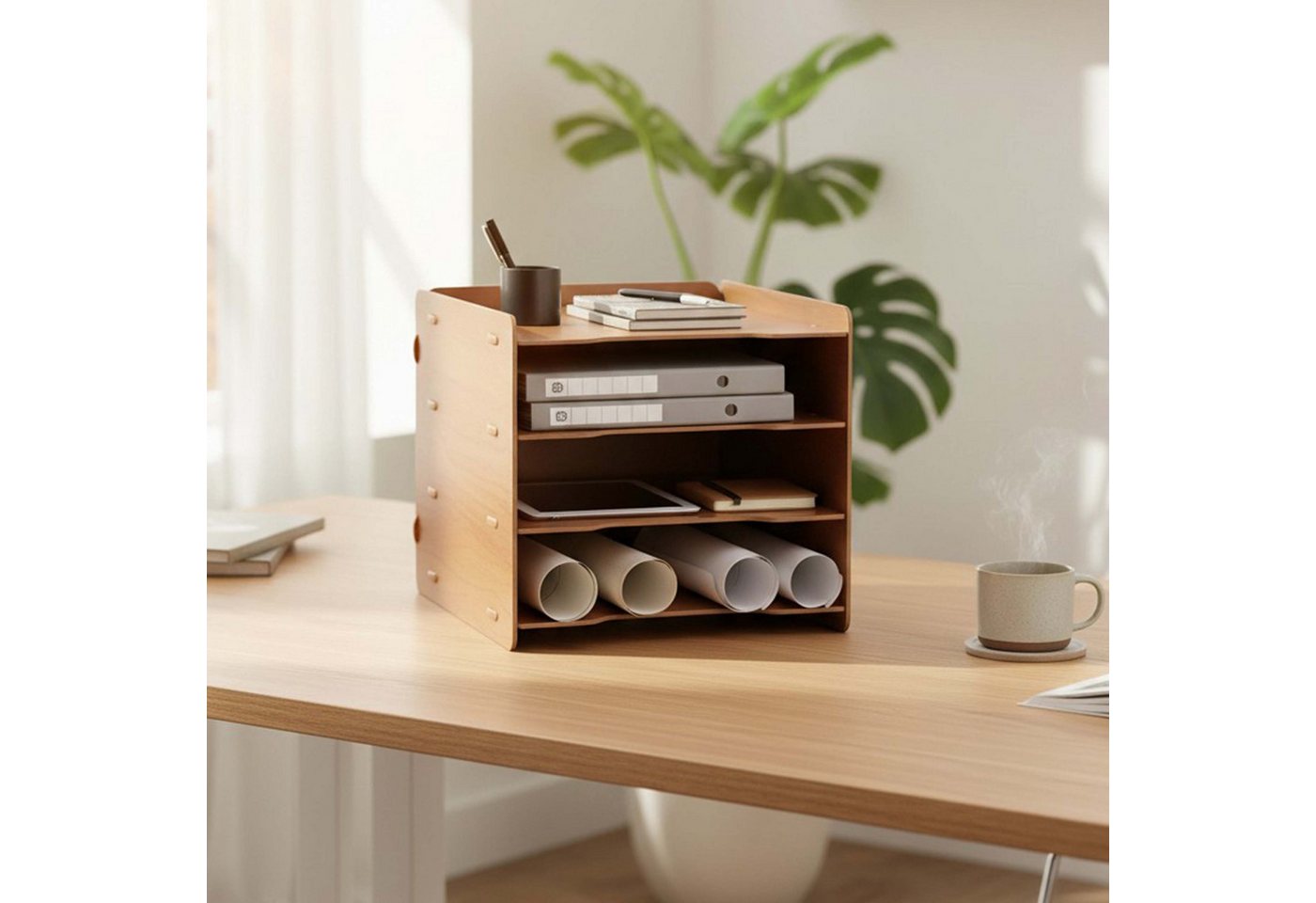 Relaxdays Briefablage, Din A4, 4 Fächer, Hxbxt: 25 X 25 X 31 Cm, Mdf, Stecksystem, Ablagefächer Büro, Büroablage, Braun Bild 4