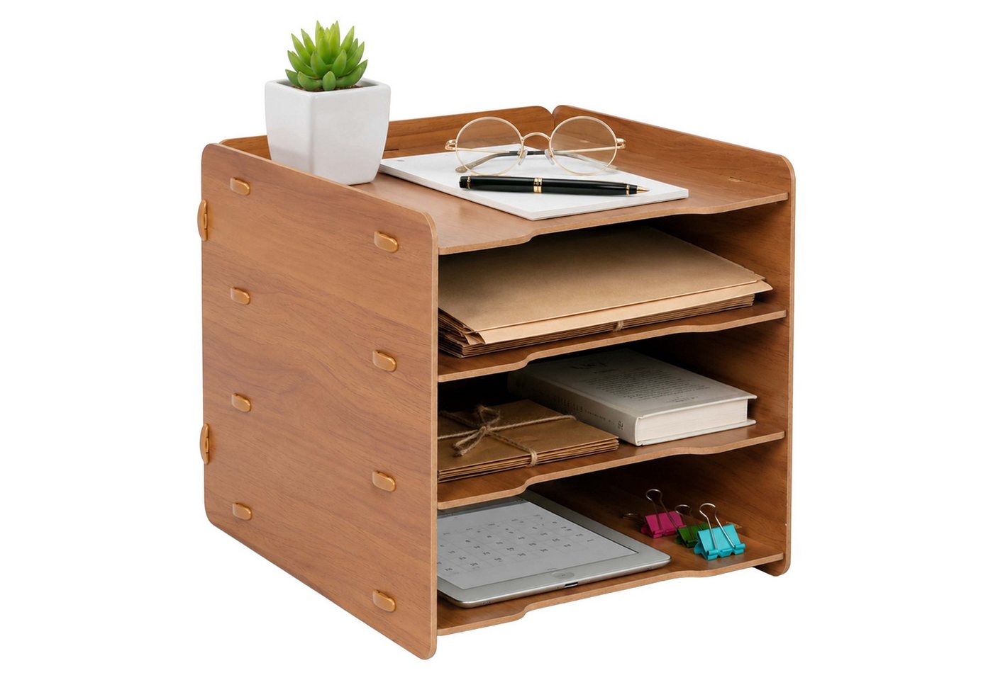 Relaxdays Briefablage, Din A4, 4 Fächer, Hxbxt: 25 X 25 X 31 Cm, Mdf, Stecksystem, Ablagefächer Büro, Büroablage, Braun Bild 5