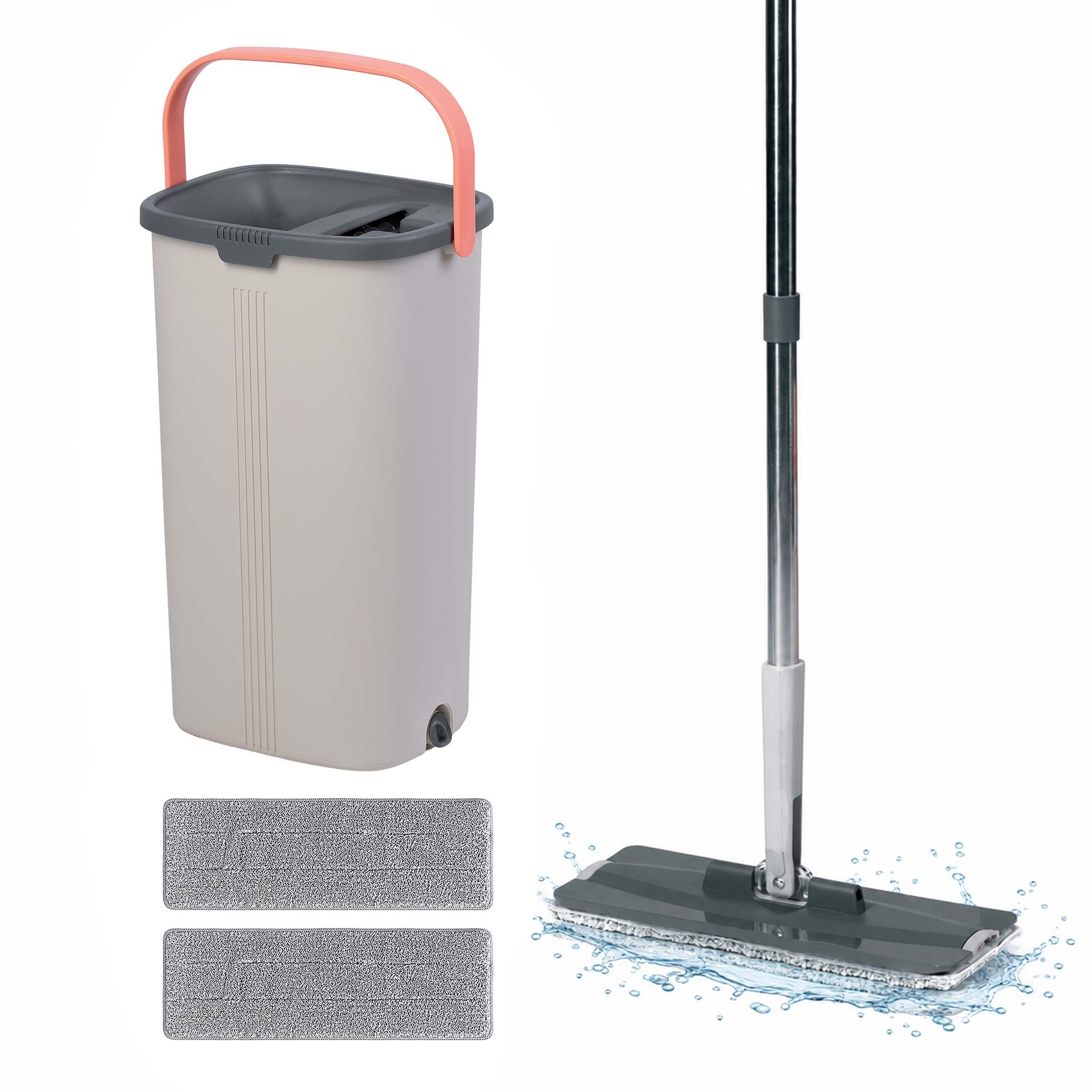 Relaxdays Flachmopp Set, 5l Eimer Mit Wringfunktion, 2 Kammern, Schabezähne, Hbt: 39x19x24,5cm, 2x Mikrofaser-pads, Grau
