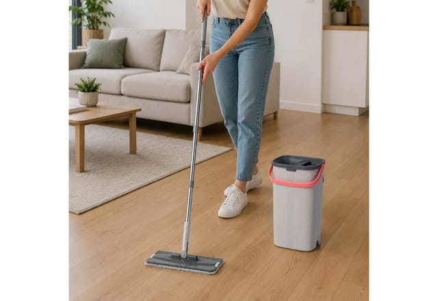 Relaxdays Flachmopp Set, 5l Eimer Mit Wringfunktion, 2 Kammern, Schabezähne, Hbt: 39x19x24,5cm, 2x Mikrofaser-pads, Grau