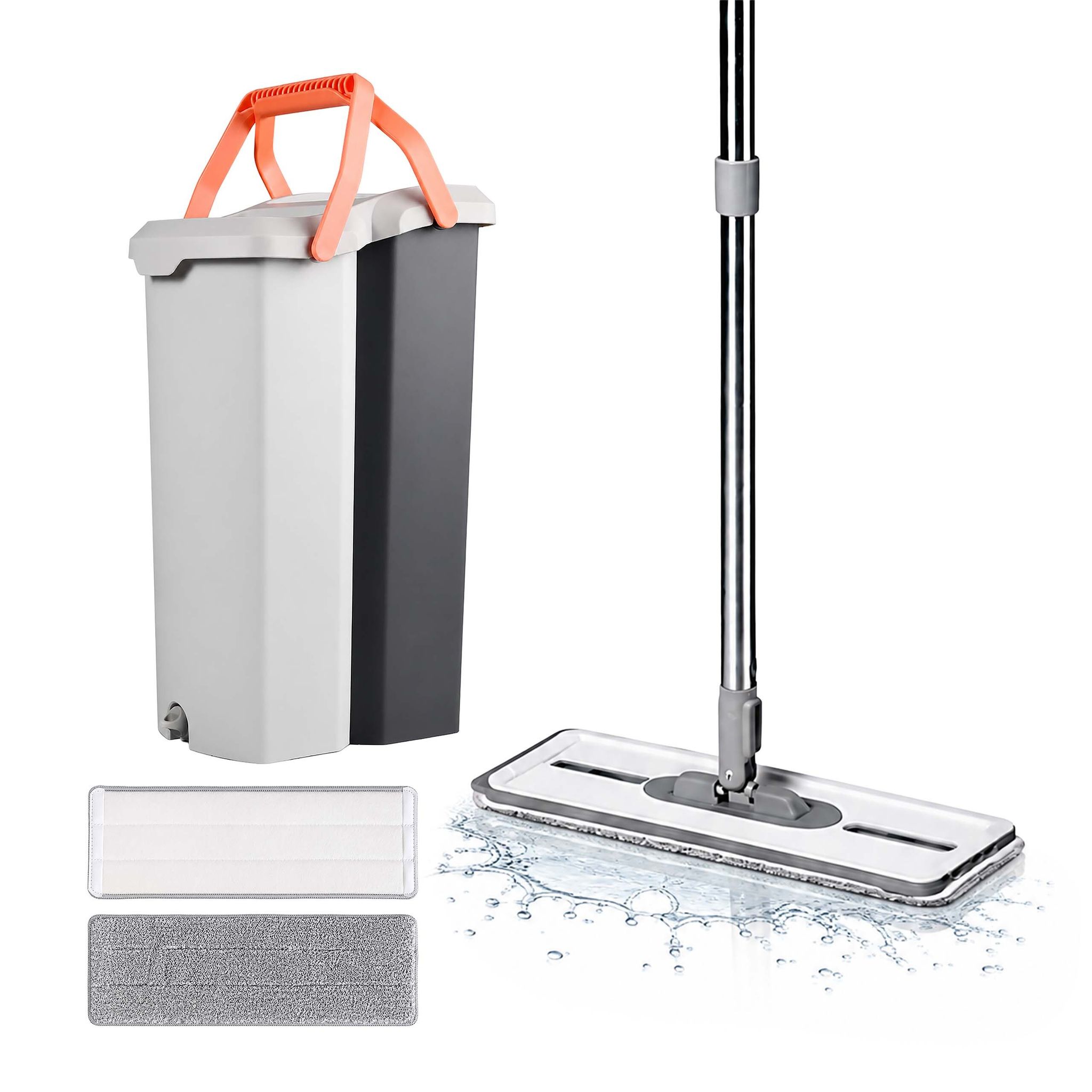 Relaxdays Flachmopp Set, 6,5l Eimer Mit Wringfunktion, 2 Kammern, Stapelbar, Hbt: 45,5x22x29cm, 2x Mikrofaser-pads, Grau