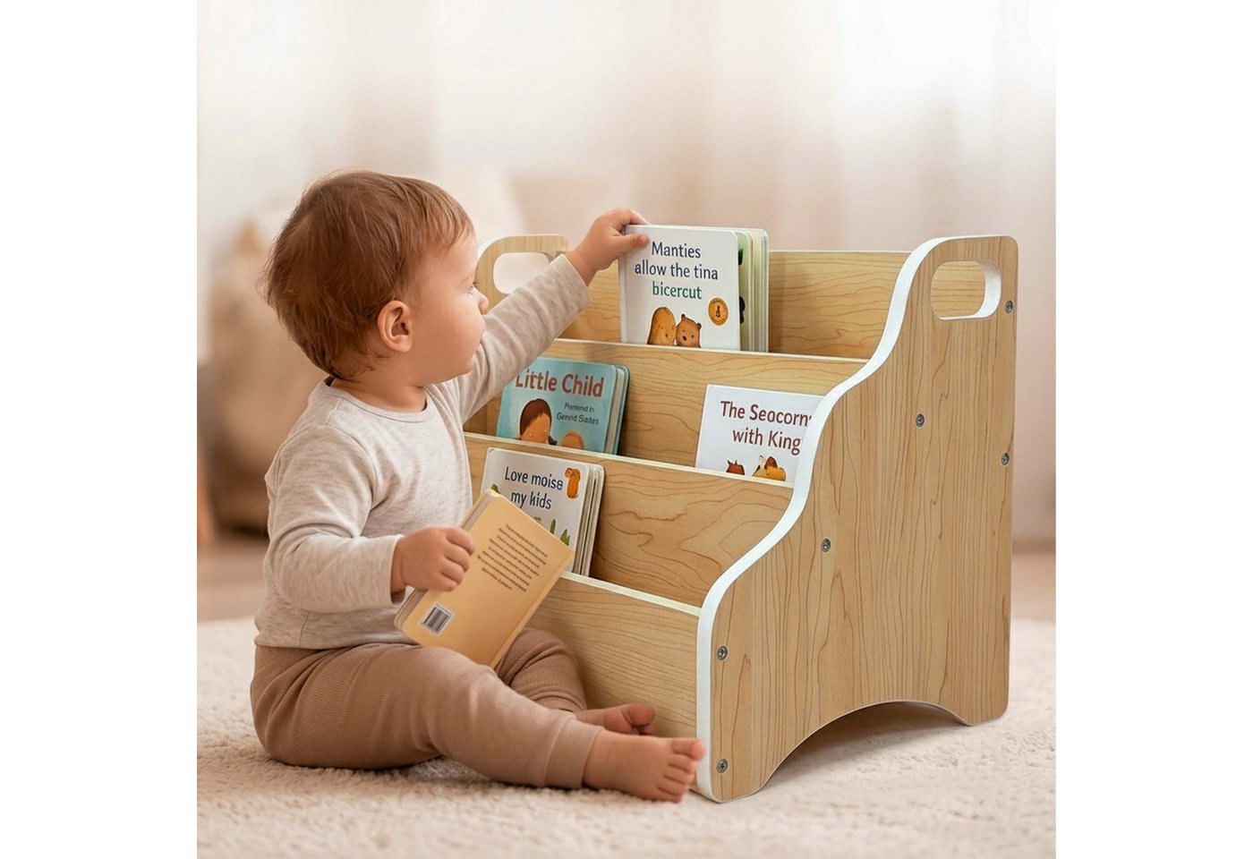Relaxdays Kinder-bücherregal, Tischorganizer Tragbar, Schreibtischregal 3 Fächer, Hbt 31x51x28cm, Mini-regal, Mdf, Natur Bild 4