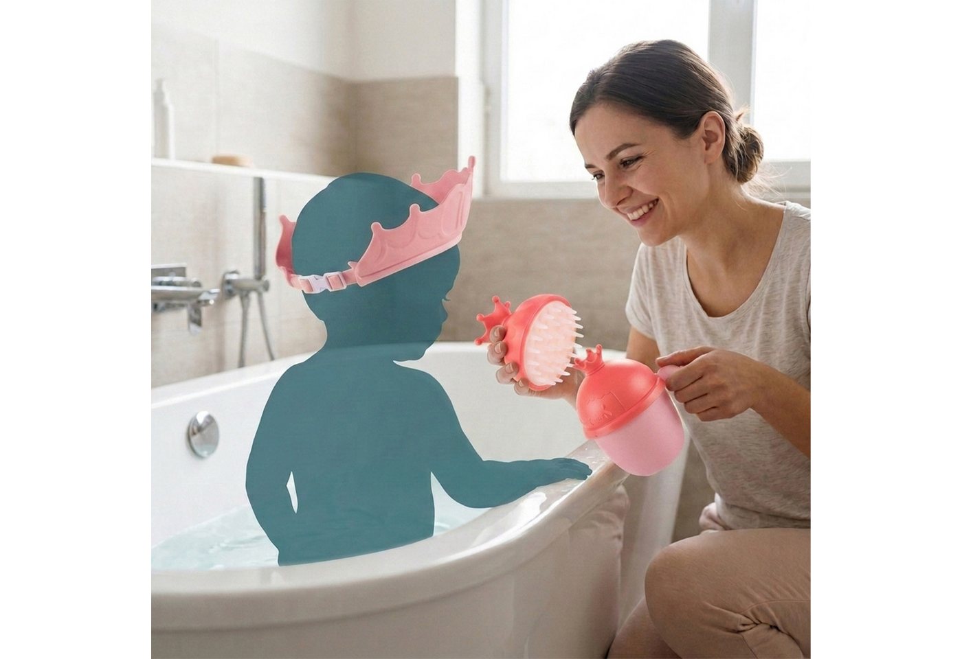 Relaxdays Haarwaschbecher Set, 3-tlg., Krone, Mit Duschhaube & Bürste, Shampooschutz Tränenfrei, Ausspülhilfe, Rosa-pink Bild 2
