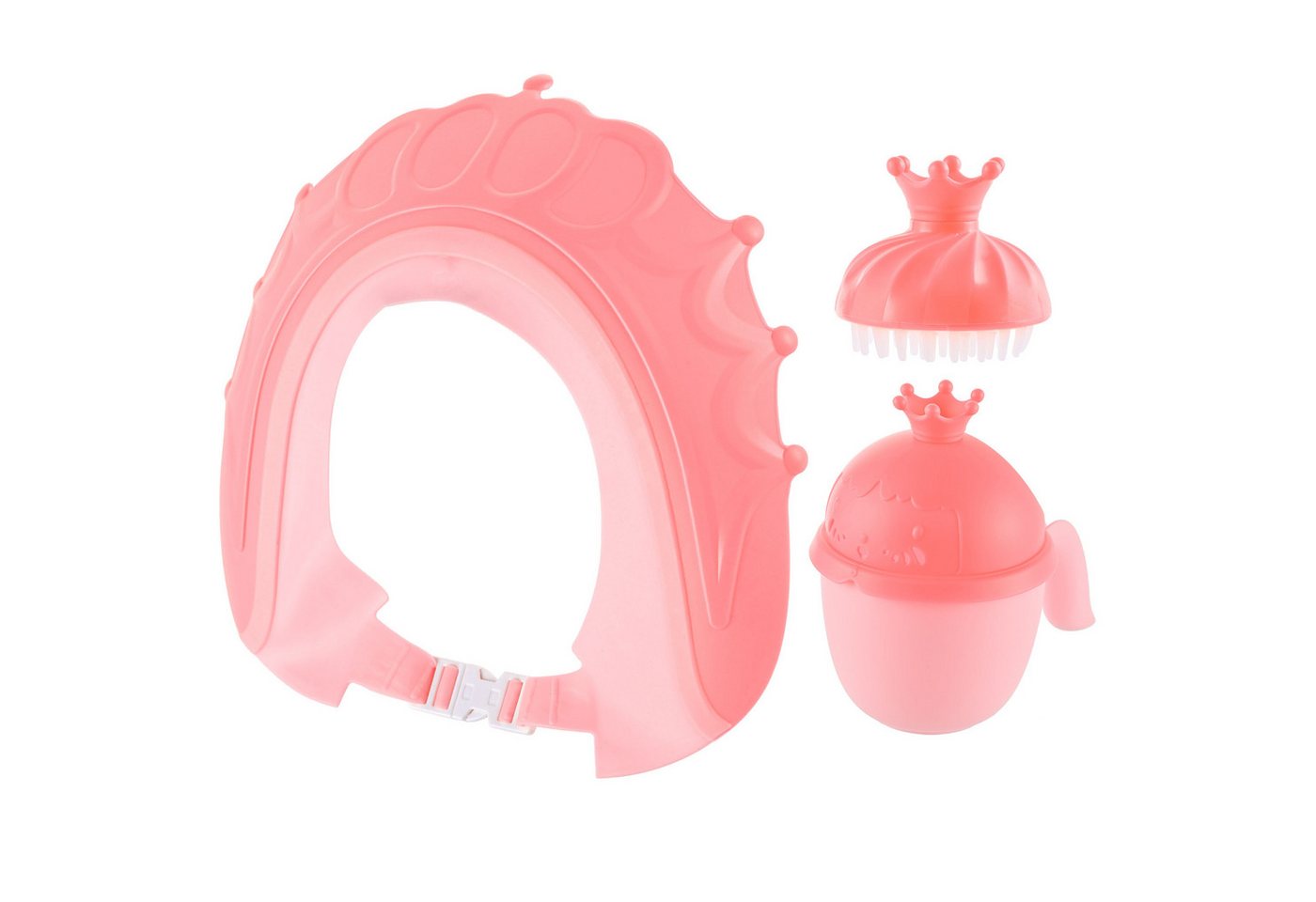 Relaxdays Haarwaschbecher Set, 3-tlg., Krone, Mit Duschhaube & Bürste, Shampooschutz Tränenfrei, Ausspülhilfe, Rosa-pink Bild 3