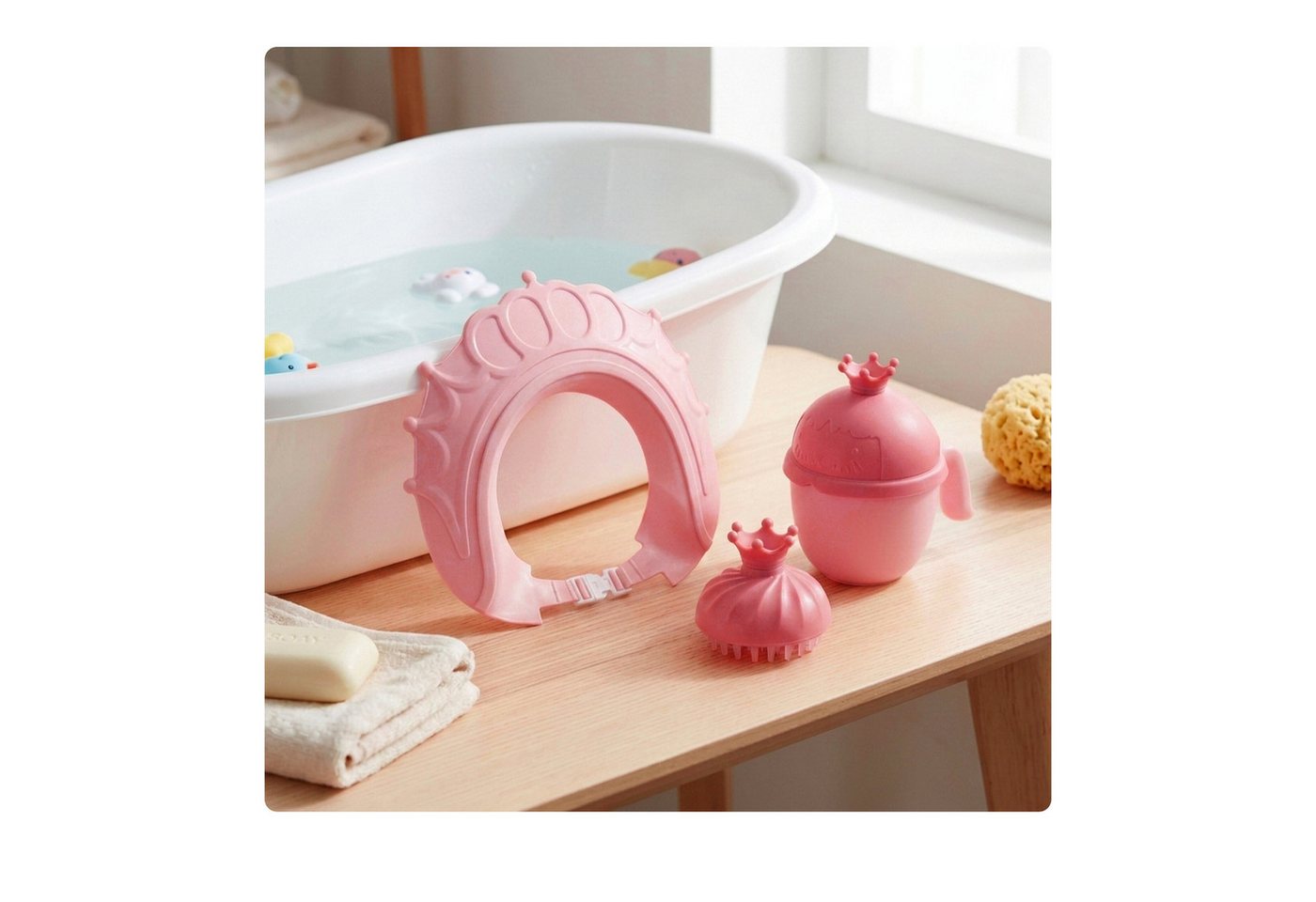 Relaxdays Haarwaschbecher Set, 3-tlg., Krone, Mit Duschhaube & Bürste, Shampooschutz Tränenfrei, Ausspülhilfe, Rosa-pink Bild 5