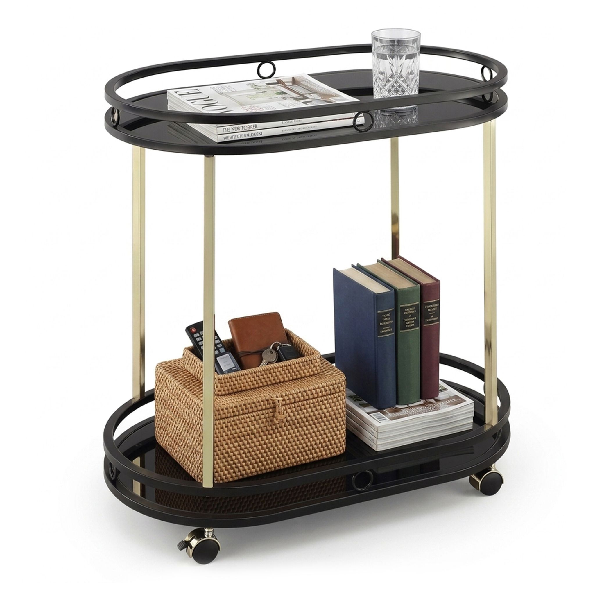Relaxdays Servierwagen, 2 Etagen, Glas & Metall, H X B X T: 77,5 X 72 X 42 Cm, Küchenwagen Mit 4 Rollen, Schwarz/gold