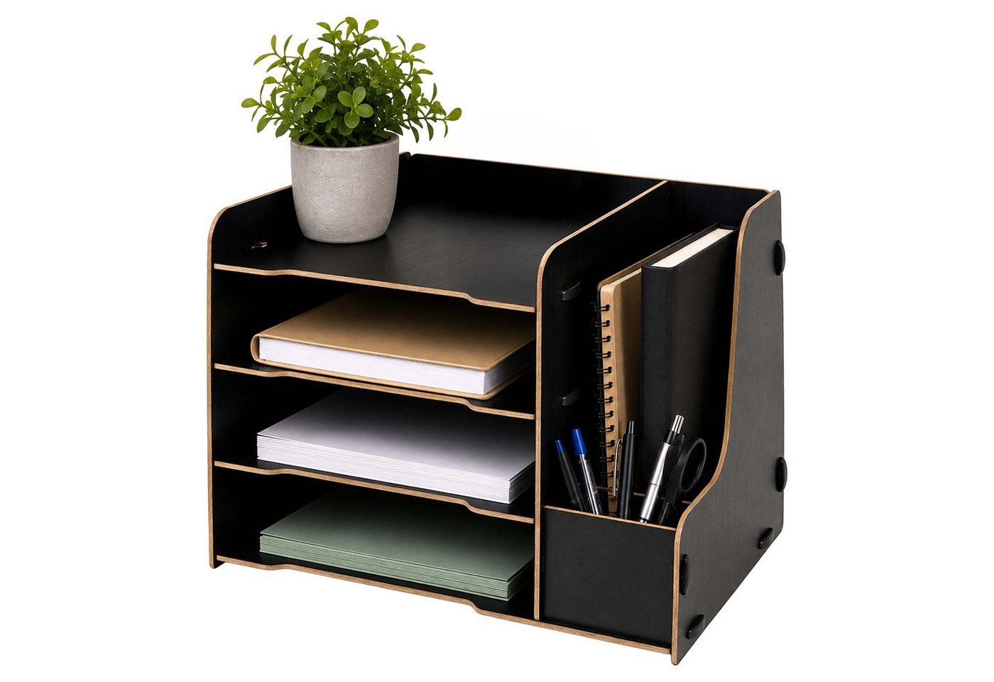Relaxdays Briefablage, Din A4, 4 Fächer, Stehsammler, Stifthalter, Hxbxt: 23 X 31,5 X 29 Cm, Mdf, Ablagefächer, Schwarz