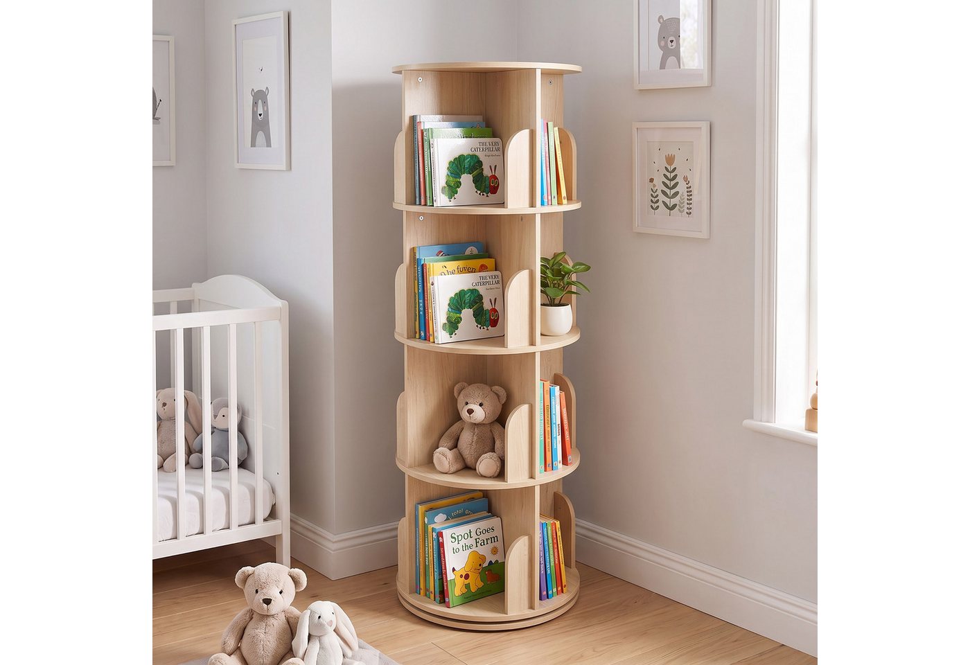 Relaxdays Bücherregal Drehbar, 16 Fächer, Hxd: 128x40 Cm, 4 Etagen, Drehregal Für Bücher & Dvds, Bücherturm, Mdf, Natur Bild 2