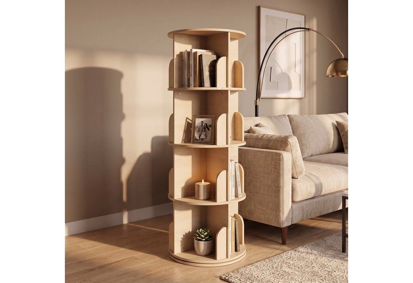 Relaxdays Bücherregal Drehbar, 16 Fächer, Hxd: 128x40 Cm, 4 Etagen, Drehregal Für Bücher & Dvds, Bücherturm, Mdf, Natur Bild 5