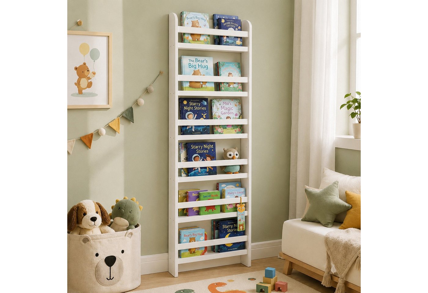 Relaxdays Bücherregal, 6 Fächer, Bücher, Spielzeug, Hxbxt: 200 X 55 X 10 Cm, Kinderzimmer, Mdf, Kinderbücherregal, Weiß Bild 5
