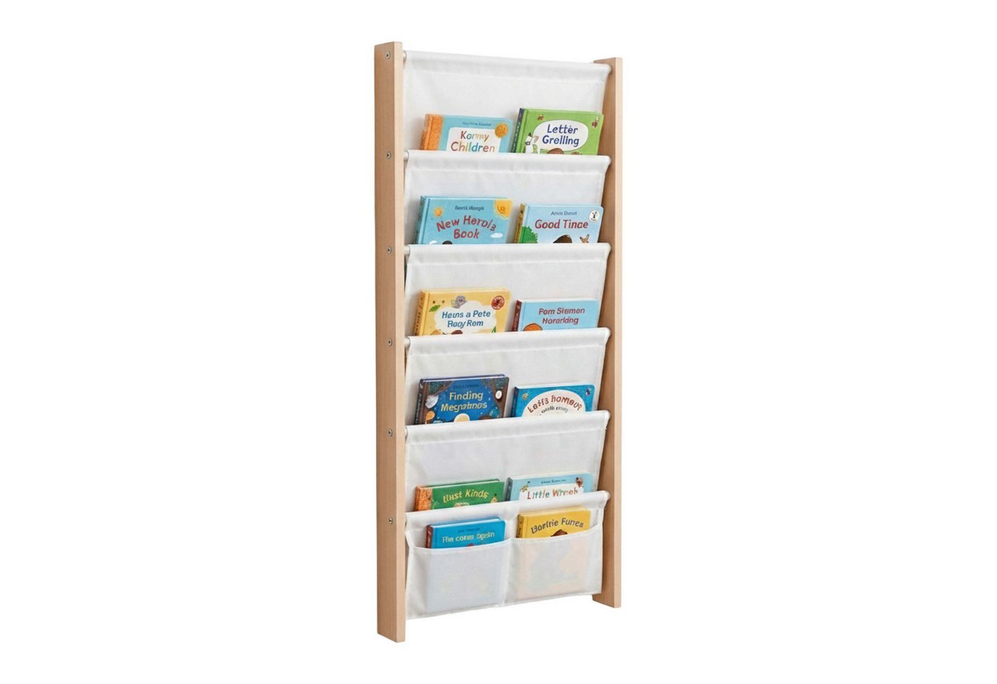 Relaxdays Bücherregal Mit 7 Stofftaschen, Wandmontage, Wandregal Für Kinder, Buchregal, Hbt: 118x44,5x6 Cm, Mdf, Weiß