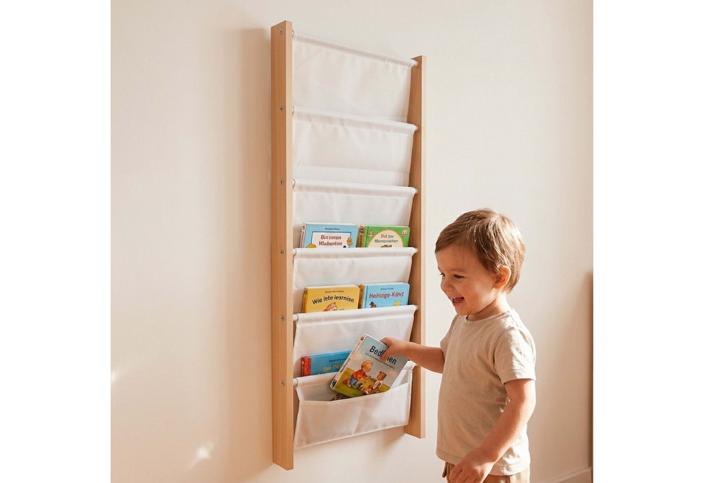 Relaxdays Bücherregal Mit 7 Stofftaschen, Wandmontage, Wandregal Für Kinder, Buchregal, Hbt: 118x44,5x6 Cm, Mdf, Weiß Bild 2