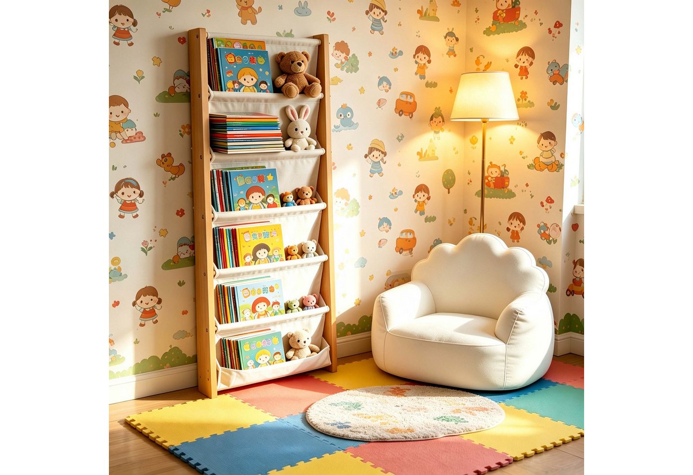 Relaxdays Bücherregal Mit 7 Stofftaschen, Wandmontage, Wandregal Für Kinder, Buchregal, Hbt: 118x44,5x6 Cm, Mdf, Weiß Bild 4