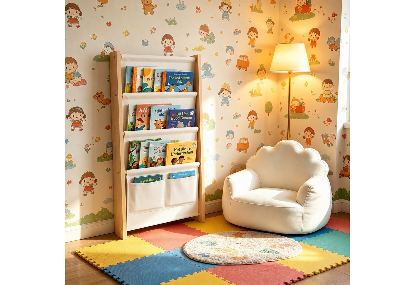 Relaxdays Bücherregal Mit 7 Stofftaschen, Wandmontage, Wandregal Für Kinder, Buchregal, Hbt: 118x44,5x6 Cm, Mdf, Weiß Bild 5