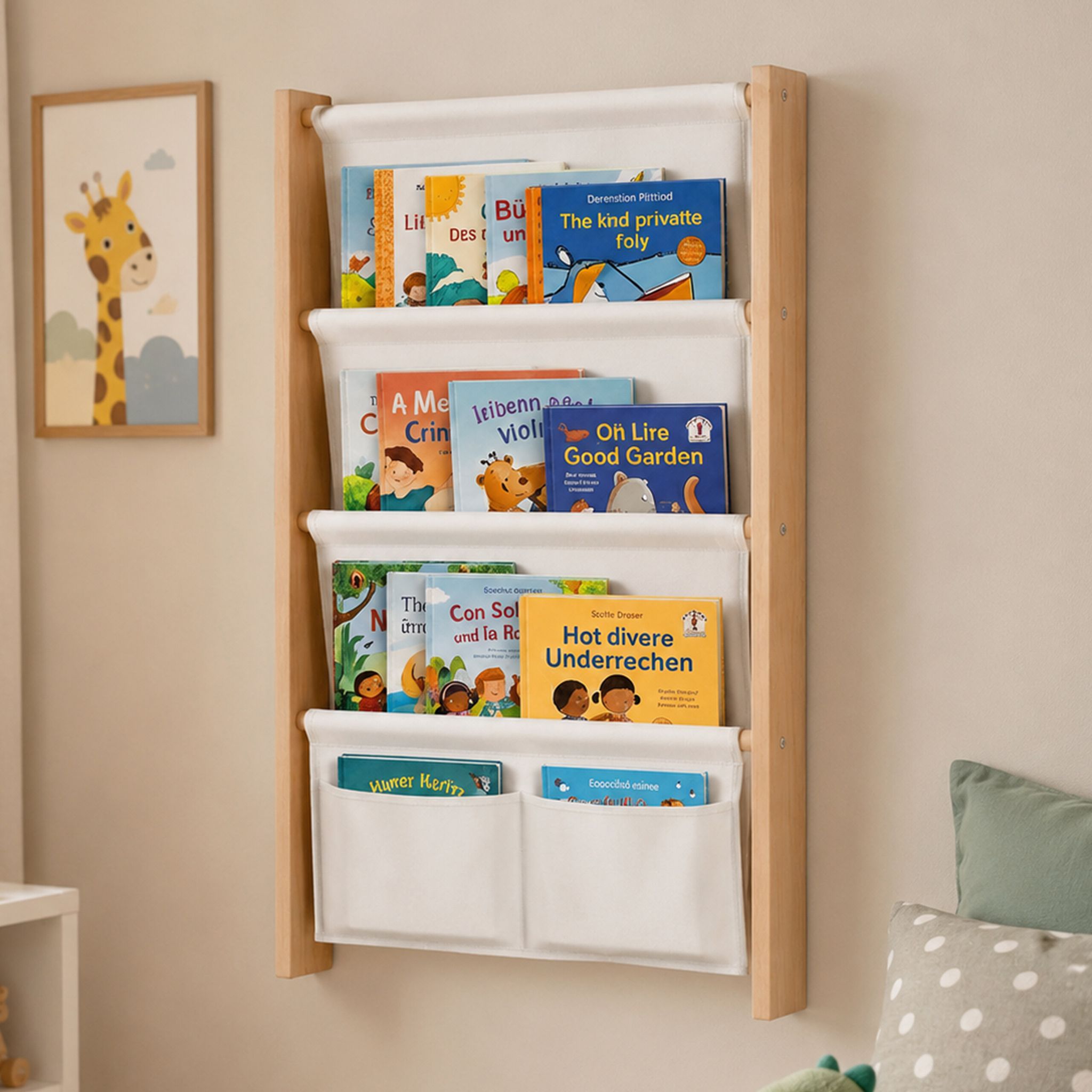 Relaxdays Bücherregal Mit 5 Stofftaschen, Wandmontage, Wandregal Für Kinder, Buchregal, Hbt: 80x44,5x6 Cm, Mdf, Weiß