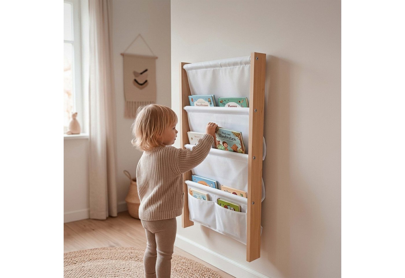 Relaxdays Bücherregal Mit 5 Stofftaschen, Wandmontage, Wandregal Für Kinder, Buchregal, Hbt: 80x44,5x6 Cm, Mdf, Weiß Bild 2