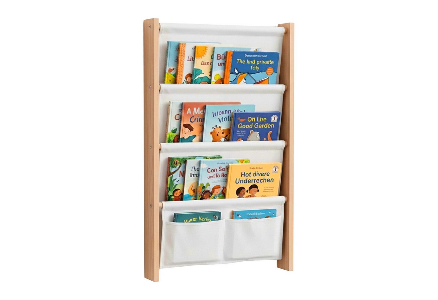 Relaxdays Bücherregal Mit 5 Stofftaschen, Wandmontage, Wandregal Für Kinder, Buchregal, Hbt: 80x44,5x6 Cm, Mdf, Weiß Bild 3