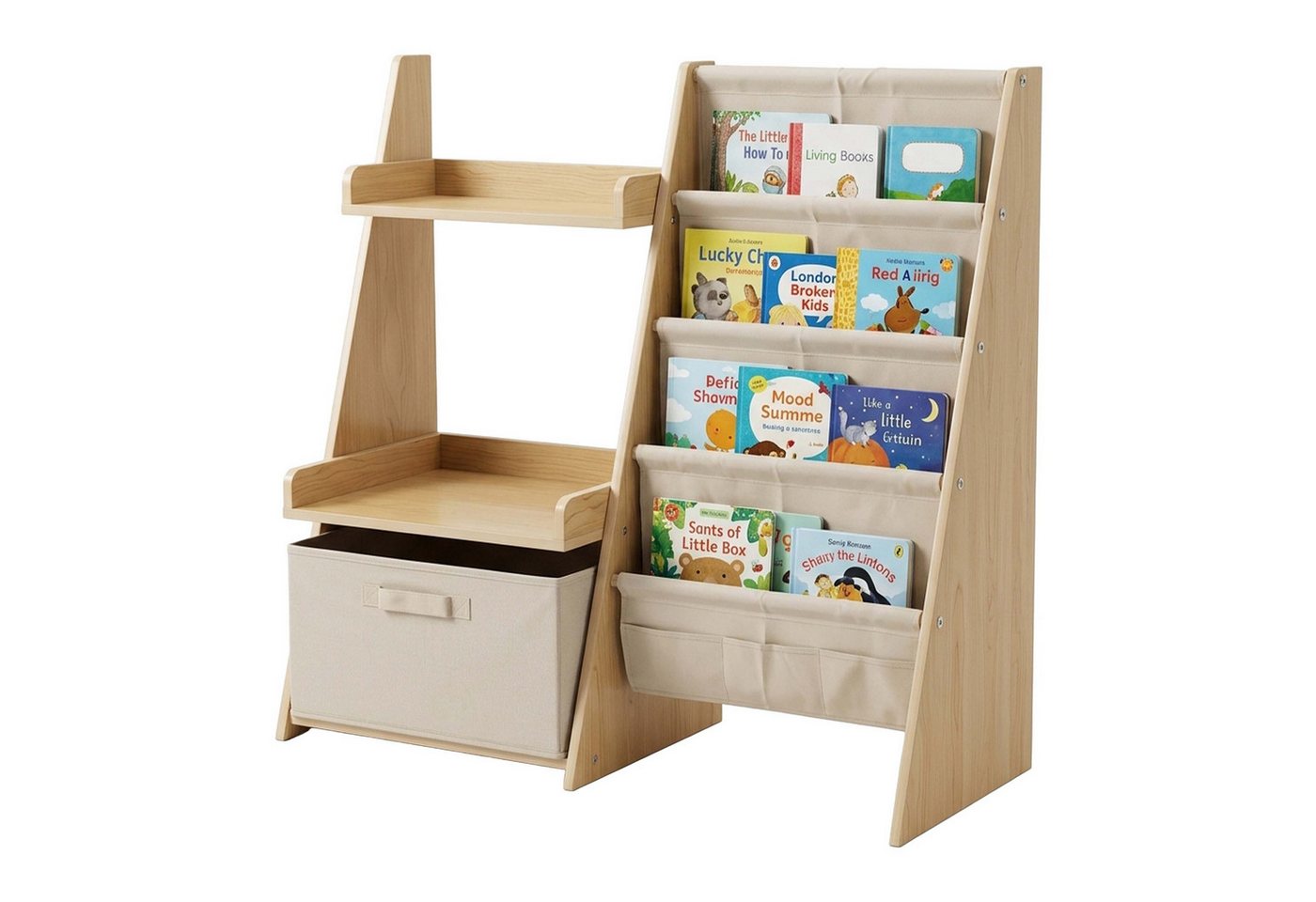 Relaxdays Bücherregal Kinder, 7 Stofftaschen, 2 Ablagen & Box, Standregal 3-in-1, Hbt: 80x84,5x34,5 Cm, Mdf, Weiß/natur