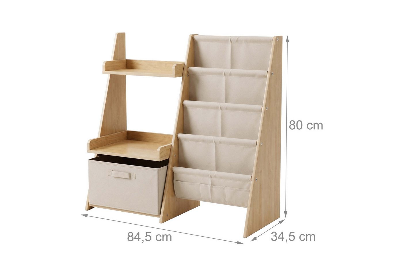 Relaxdays Bücherregal Kinder, 7 Stofftaschen, 2 Ablagen & Box, Standregal 3-in-1, Hbt: 80x84,5x34,5 Cm, Mdf, Weiß/natur Bild 3