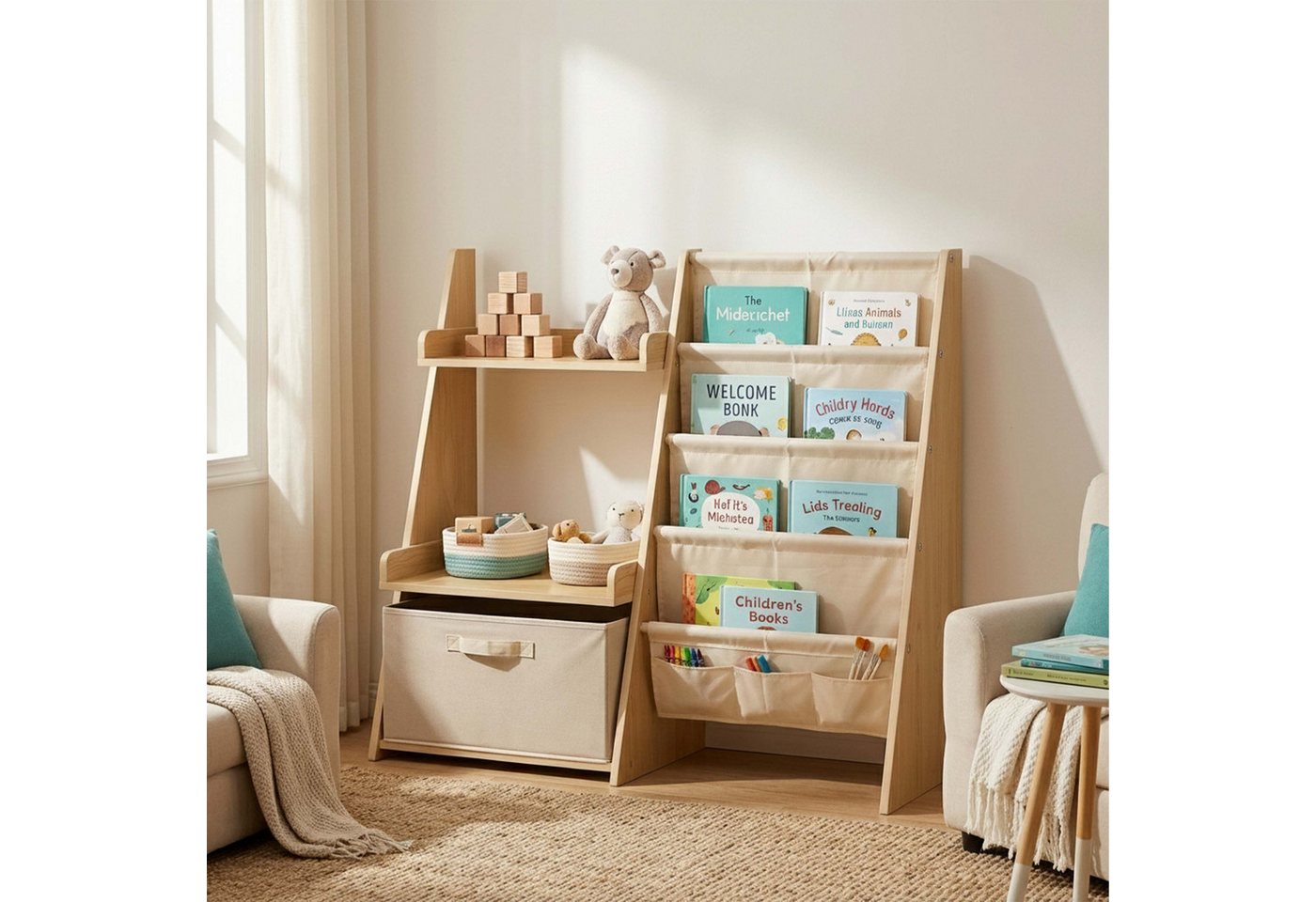 Relaxdays Bücherregal Kinder, 7 Stofftaschen, 2 Ablagen & Box, Standregal 3-in-1, Hbt: 80x84,5x34,5 Cm, Mdf, Weiß/natur Bild 4