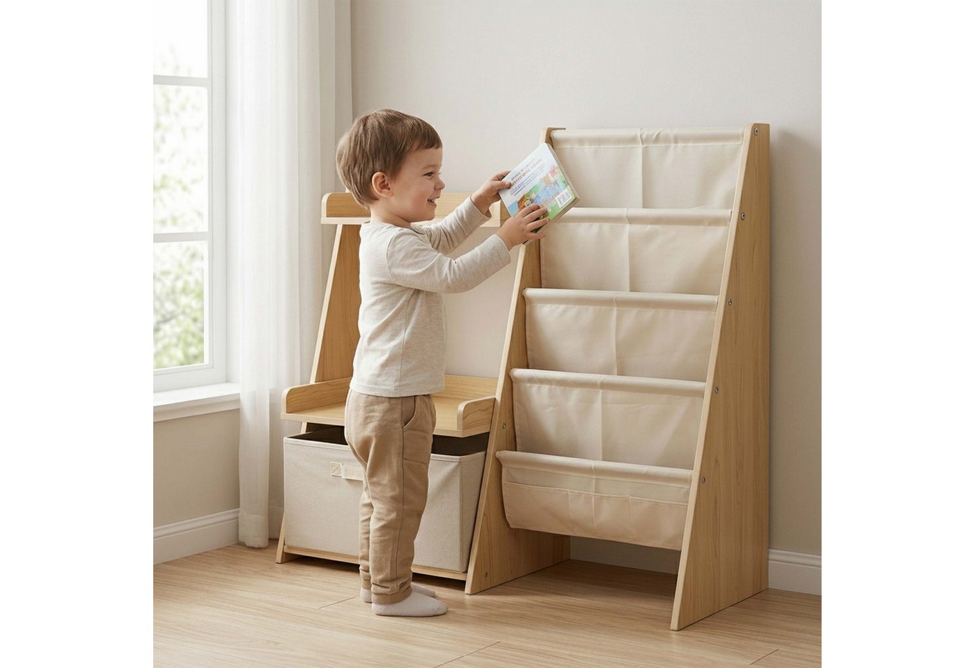 Relaxdays Bücherregal Kinder, 7 Stofftaschen, 2 Ablagen & Box, Standregal 3-in-1, Hbt: 80x84,5x34,5 Cm, Mdf, Weiß/natur Bild 5