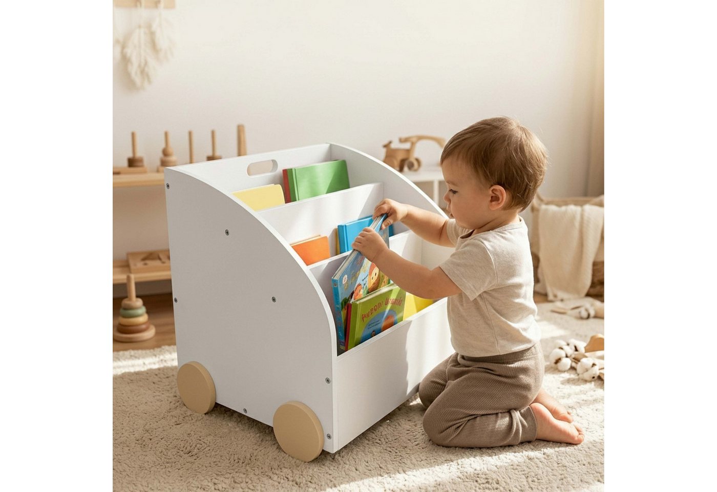 Relaxdays Bücherregal Kinder, 3 Fächer, Hbt: 43,5x46x40 Cm, Mit Rollen, Abgerundete Ecken, Spielzeugregal, Mdf, Weiß