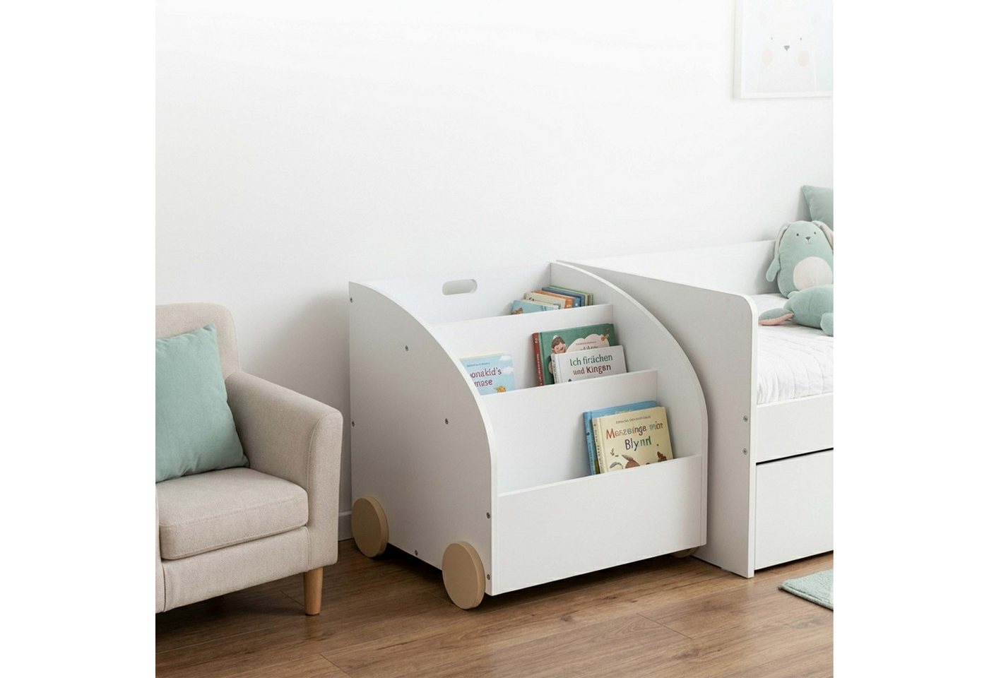 Relaxdays Bücherregal Kinder, 3 Fächer, Hbt: 43,5x46x40 Cm, Mit Rollen, Abgerundete Ecken, Spielzeugregal, Mdf, Weiß Bild 2