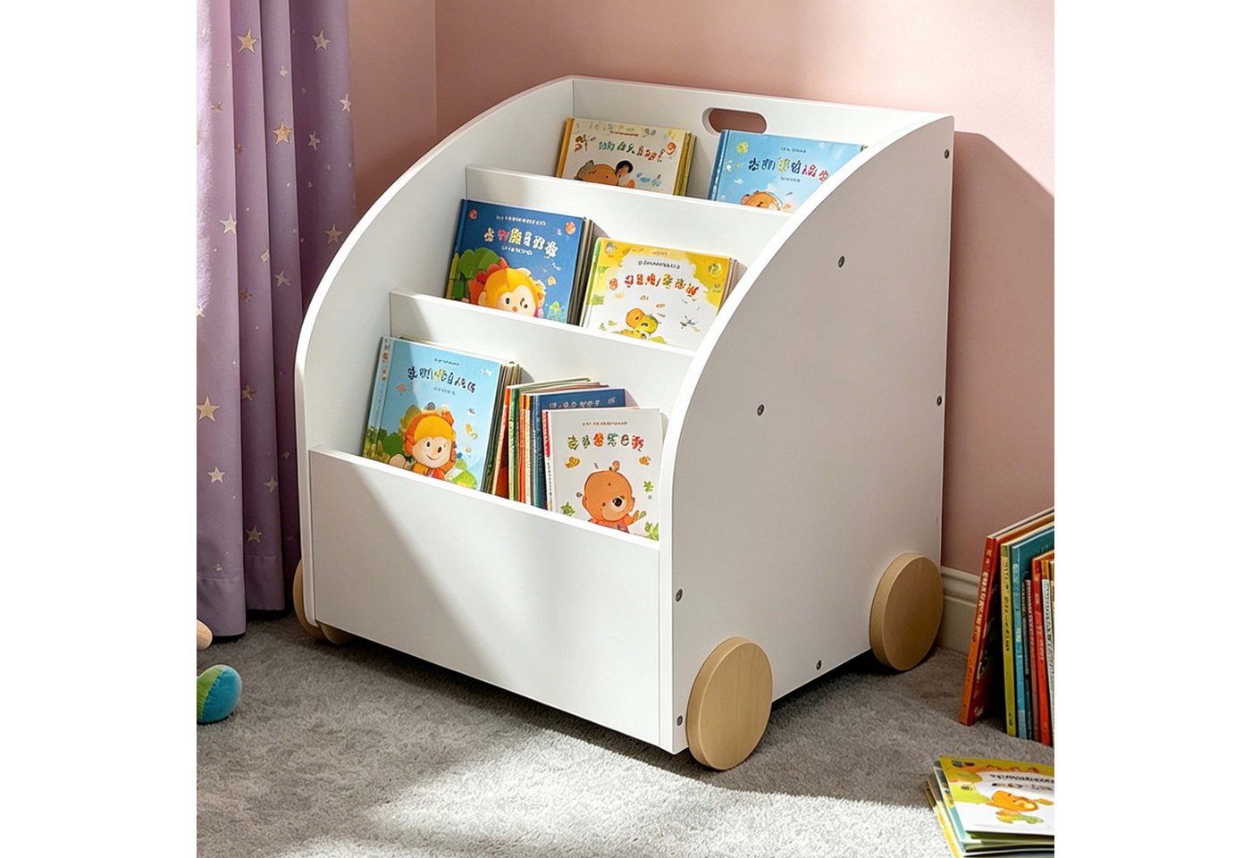 Relaxdays Bücherregal Kinder, 3 Fächer, Hbt: 43,5x46x40 Cm, Mit Rollen, Abgerundete Ecken, Spielzeugregal, Mdf, Weiß Bild 3