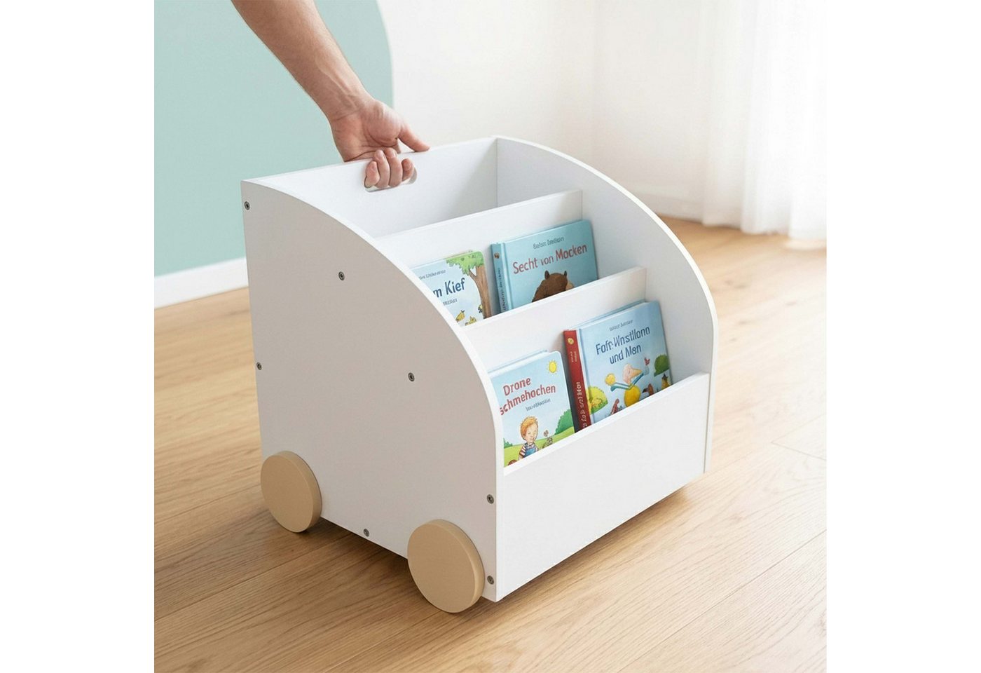 Relaxdays Bücherregal Kinder, 3 Fächer, Hbt: 43,5x46x40 Cm, Mit Rollen, Abgerundete Ecken, Spielzeugregal, Mdf, Weiß Bild 4
