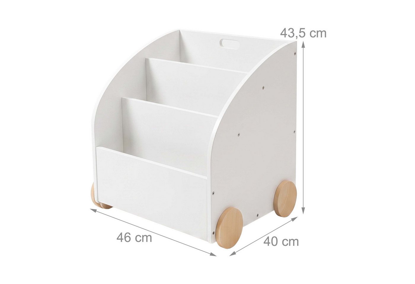 Relaxdays Bücherregal Kinder, 3 Fächer, Hbt: 43,5x46x40 Cm, Mit Rollen, Abgerundete Ecken, Spielzeugregal, Mdf, Weiß Bild 5