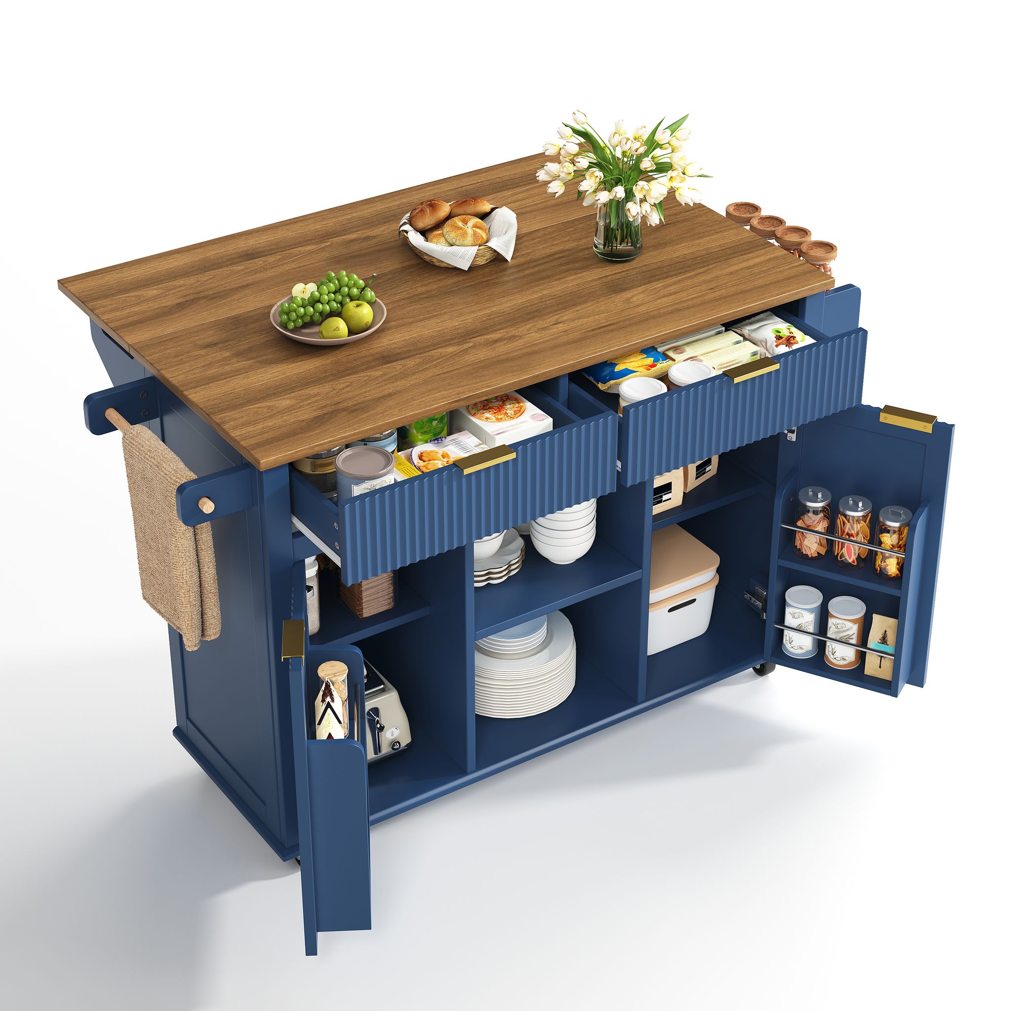 Kücheninsel Rollbar Mit Klappplatte 2 Schubladen Blau Mdf, 143 Cm