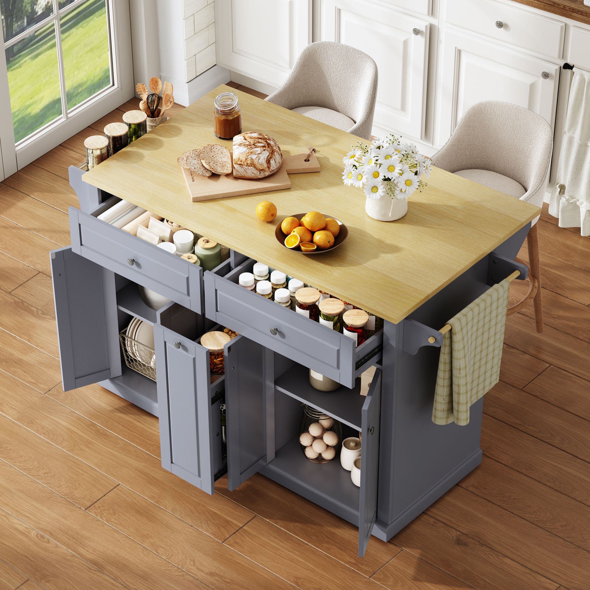 Kücheninsel Rollbar Mit Klappplatte Mdf Schubladen, 121 X 69 X 89 Cm
