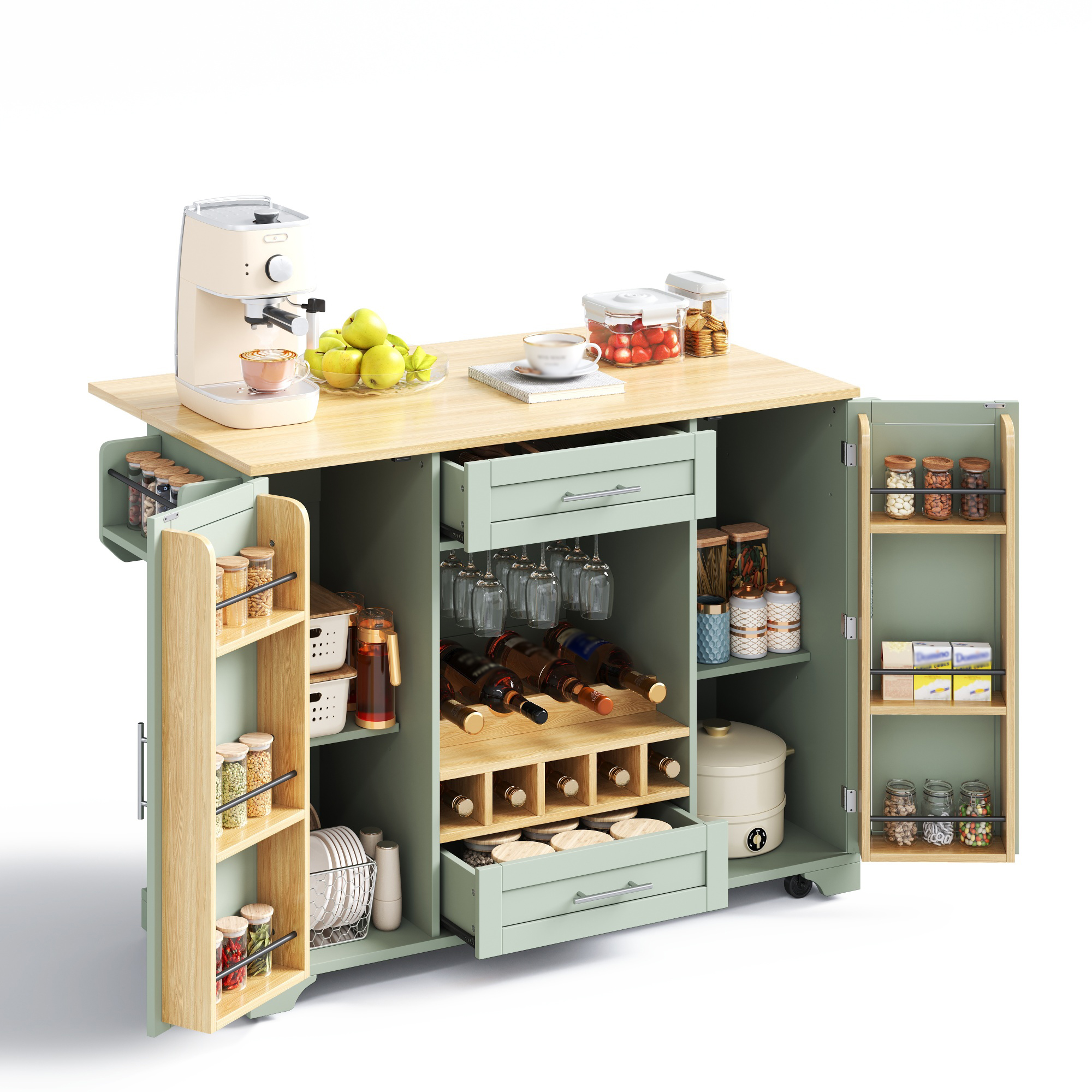 Kücheninsel Rollbar Mit Klappplatte Weinregal Grün, 138 X 45/70 X 92cm