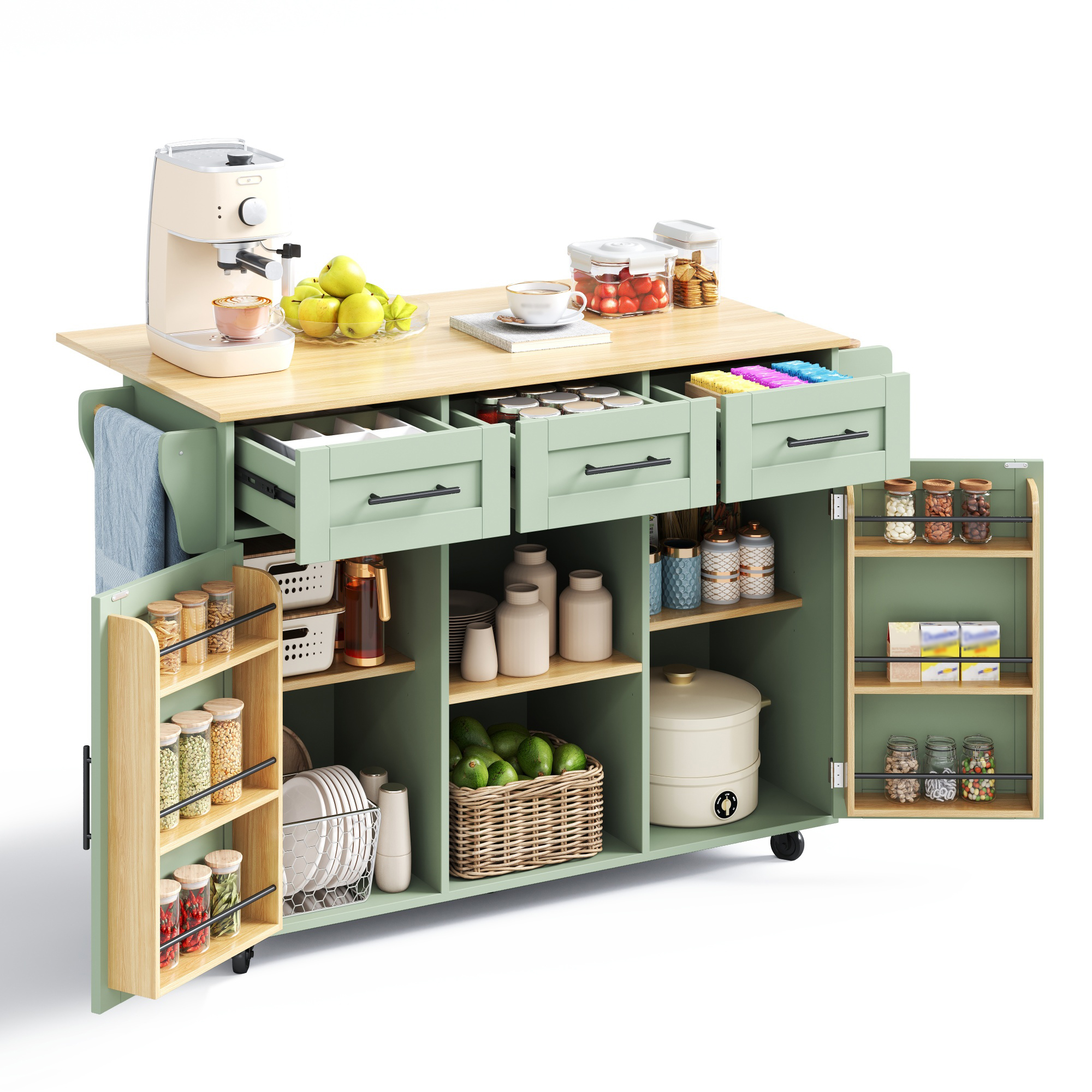 Kücheninsel Rollbar Mit Klappplatte Holzoptik Grün, 139 X 71 X 91,5cm