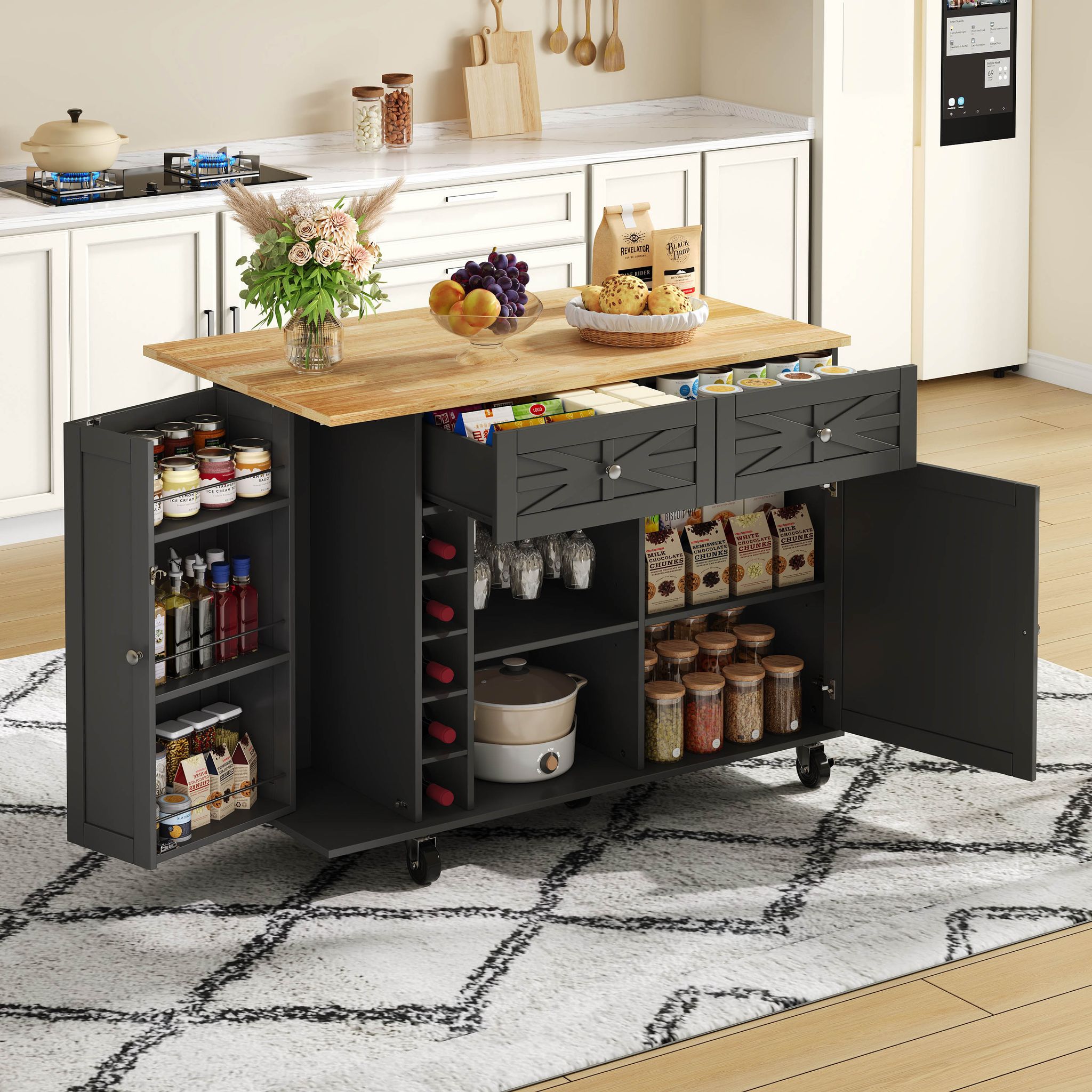 Kücheninsel Rollbar Mit Klappplatte Weinregal Glashalter, 120 X 45(70) X 89 Cm
