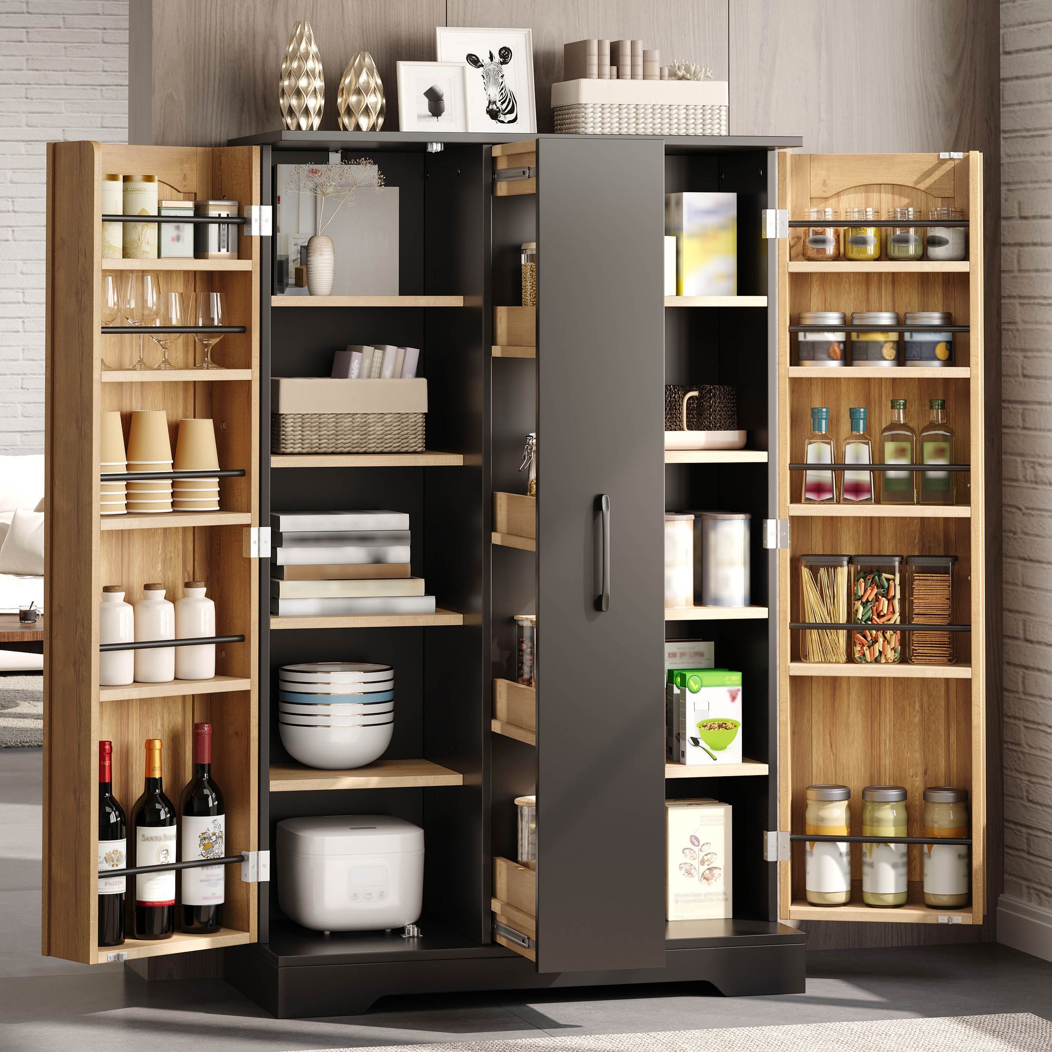 Küchenschrank Gewürzregal Verstellbare Böden Schwarz Natur, 120 X 78 X 35 Cm