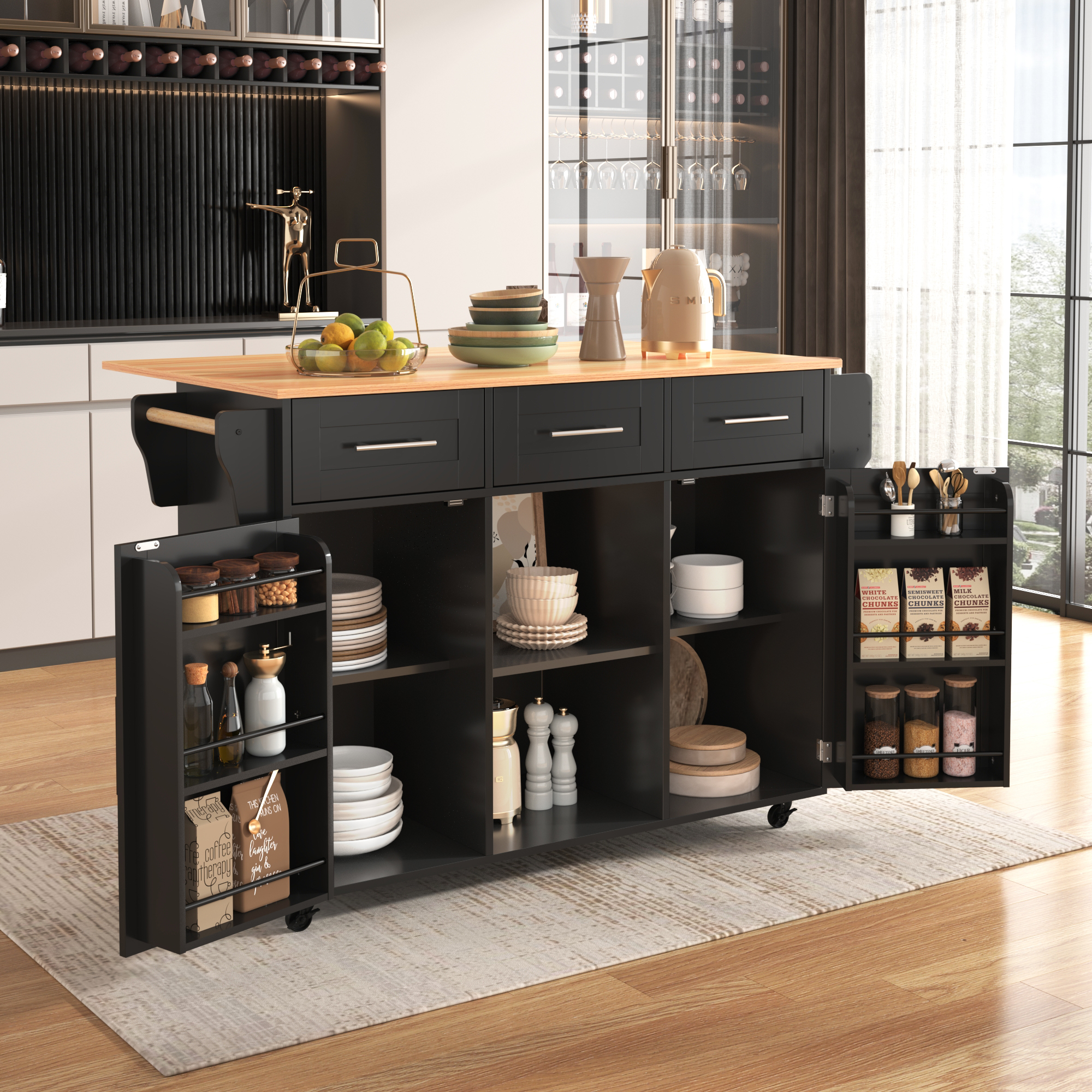Kücheninsel Rollbar Mit Klappplatte Schwarz Viel Stauraum, 139 X 46 X 91,5cm