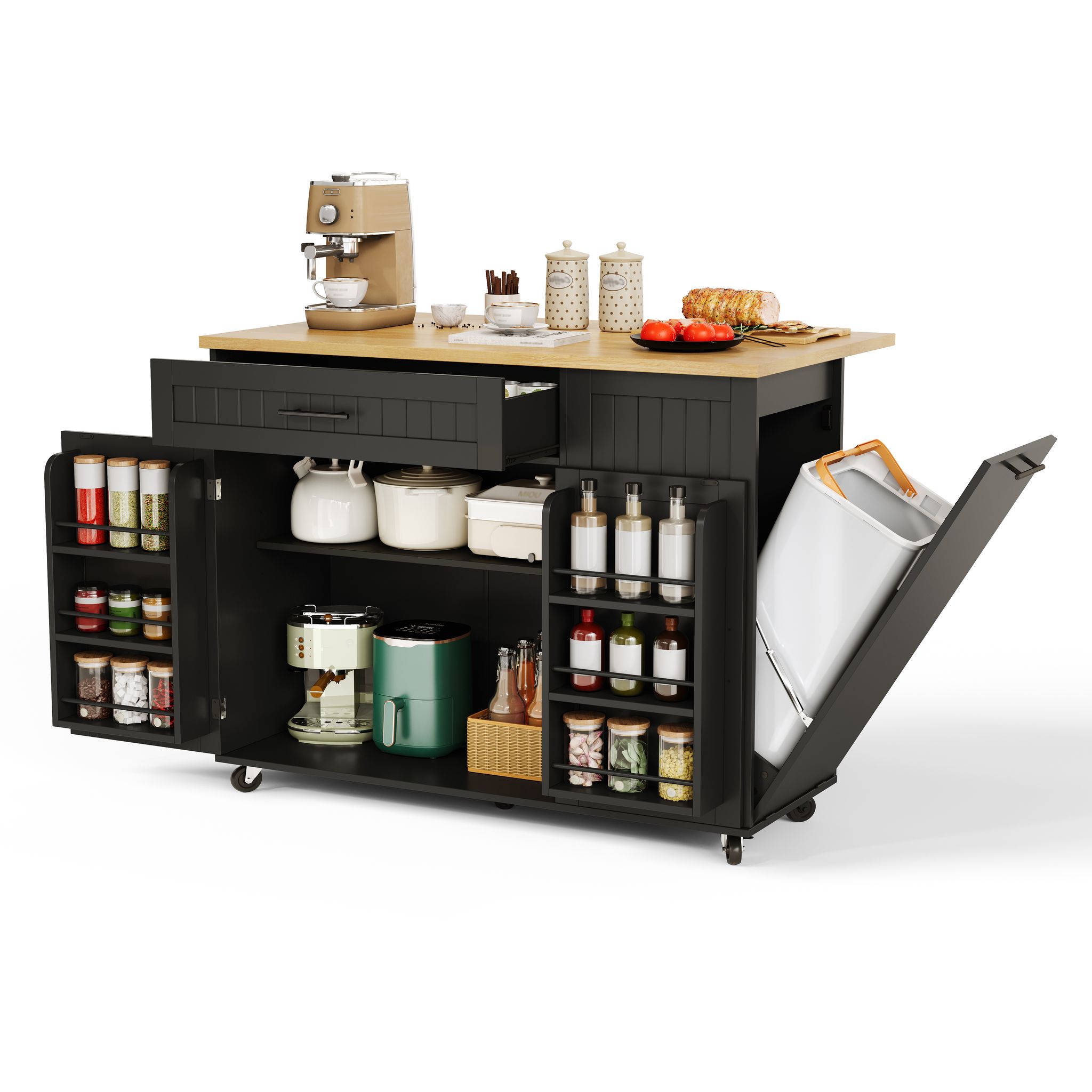 Kücheninsel Rollbar Mit Klappplatte, Integriertem Müllschrank, Mdf, Küchenwagen, 130 X 70 X 93 Cm
