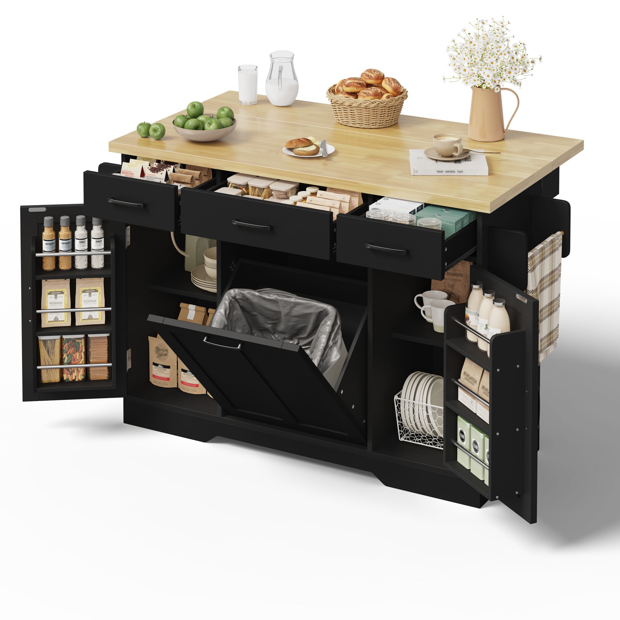 Kücheninsel Rollbar Mit Klappplatte Müllschrank, 120 X 45(70) X 87 Cm
