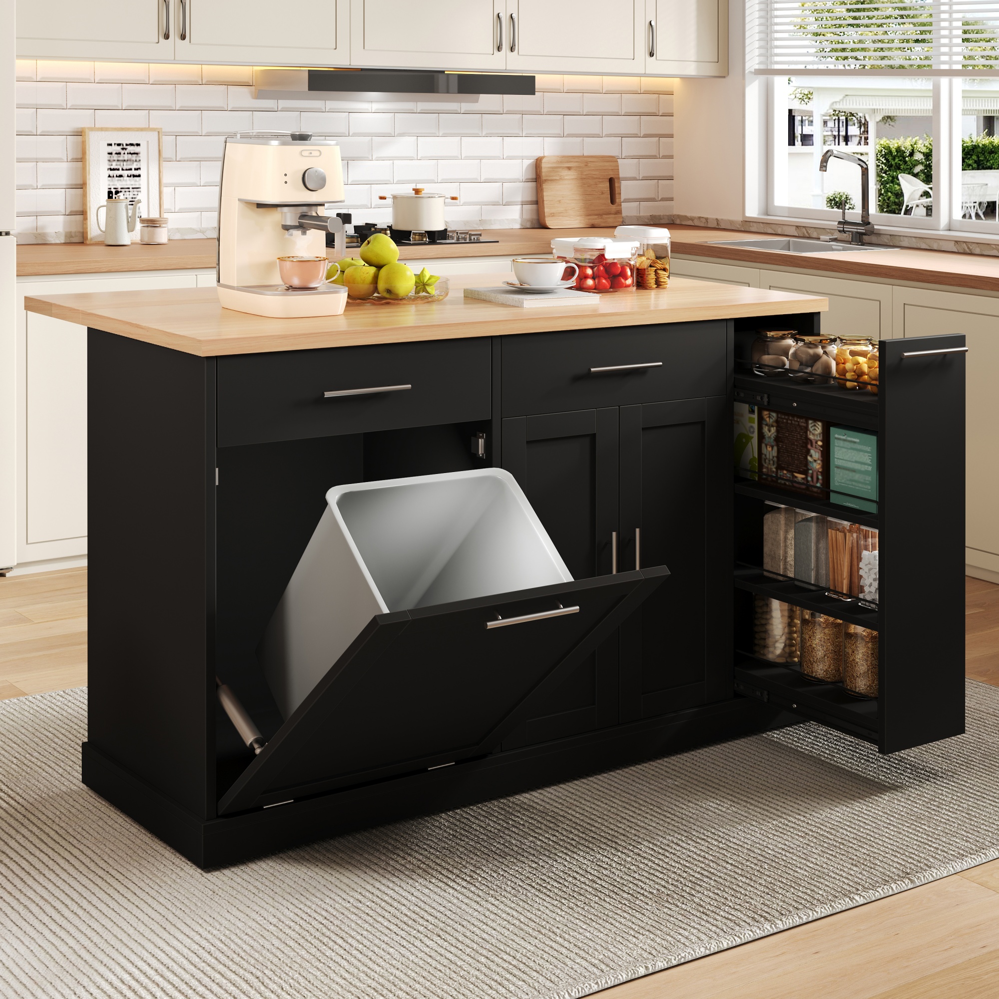 Kücheninsel Rollbar Mit Klappplatte Müllschrank Mdf, Gewürzregal, 120 X 70 X 93 Cm