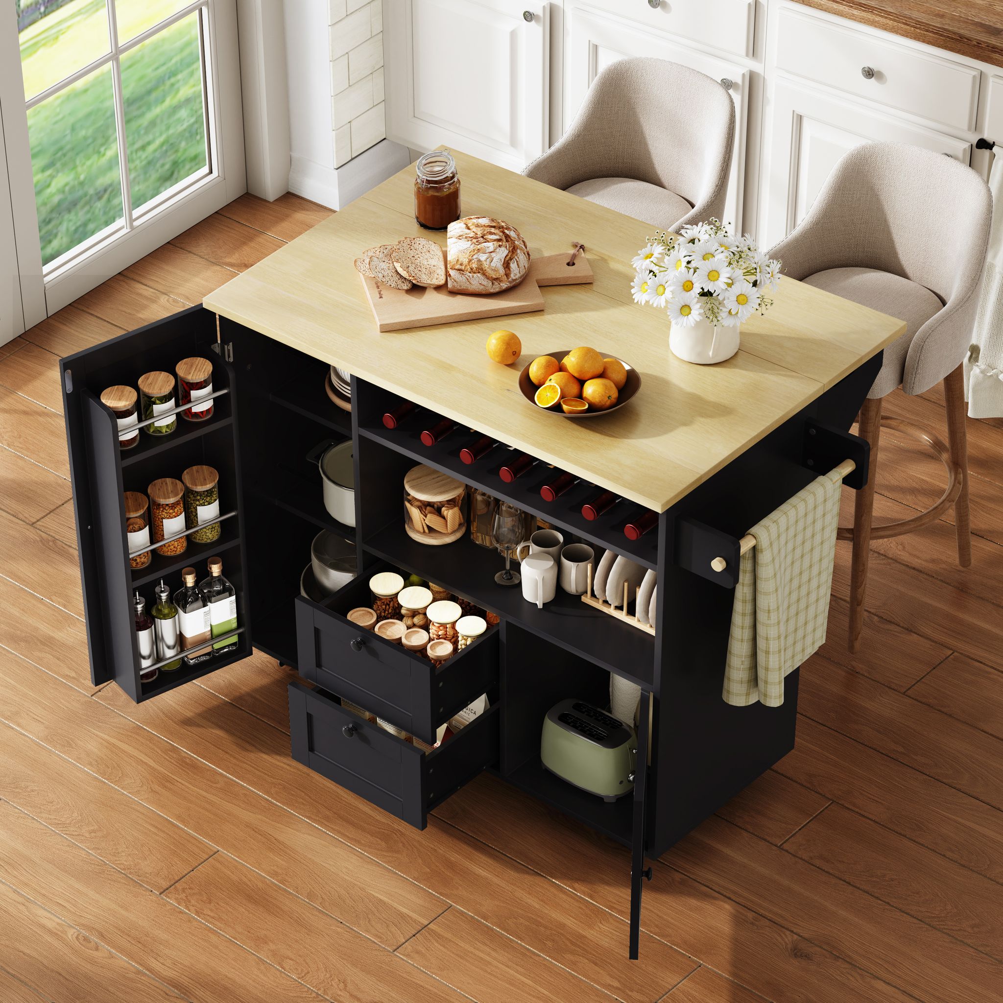 Kücheninsel Rollbar Mit Klappplatte Weinregal Mdf, 104 X 69 X 89 Cm