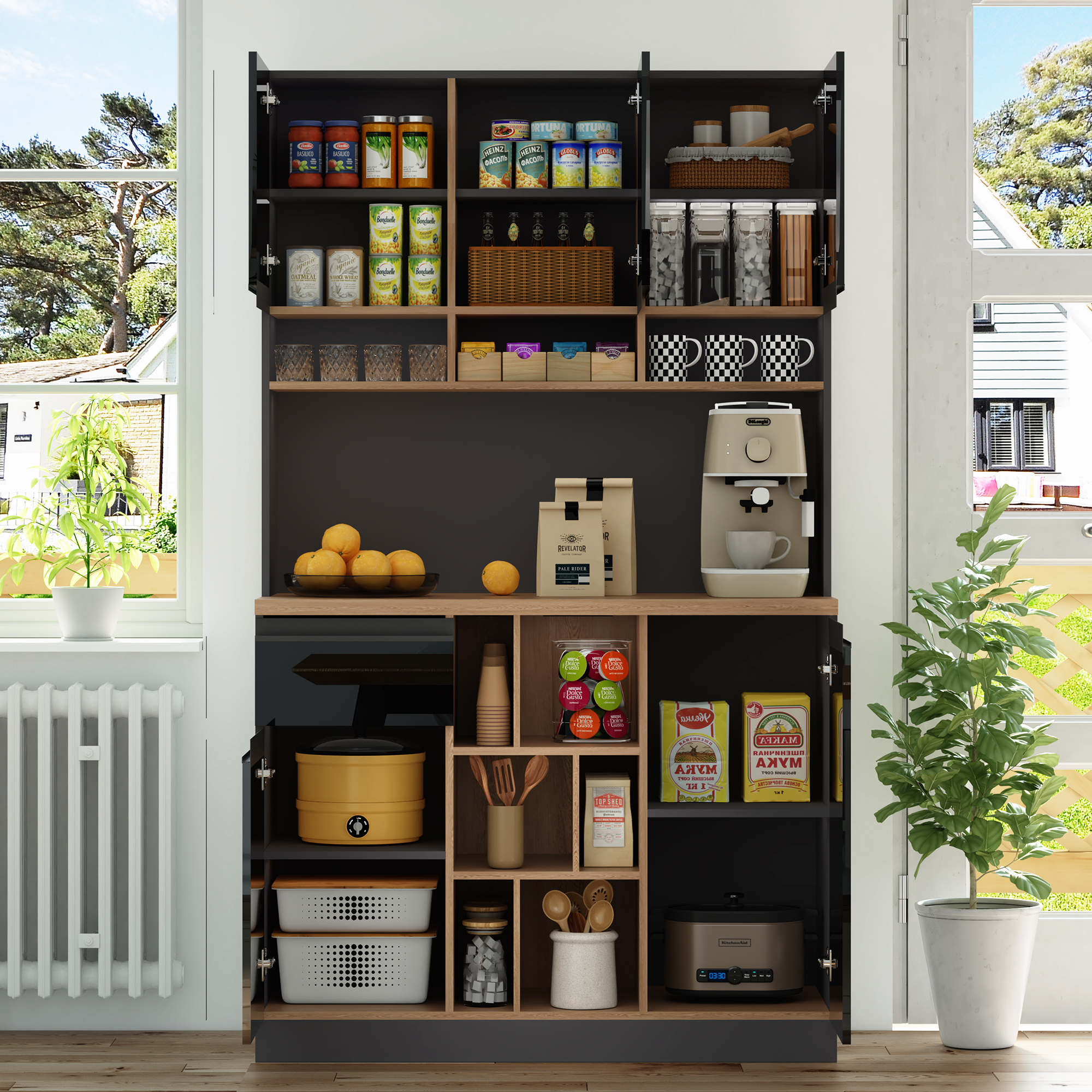 Küchenschrank Verstellbare Böden Schwarz Grau Schubladen, 105 X 45 X 185cm
