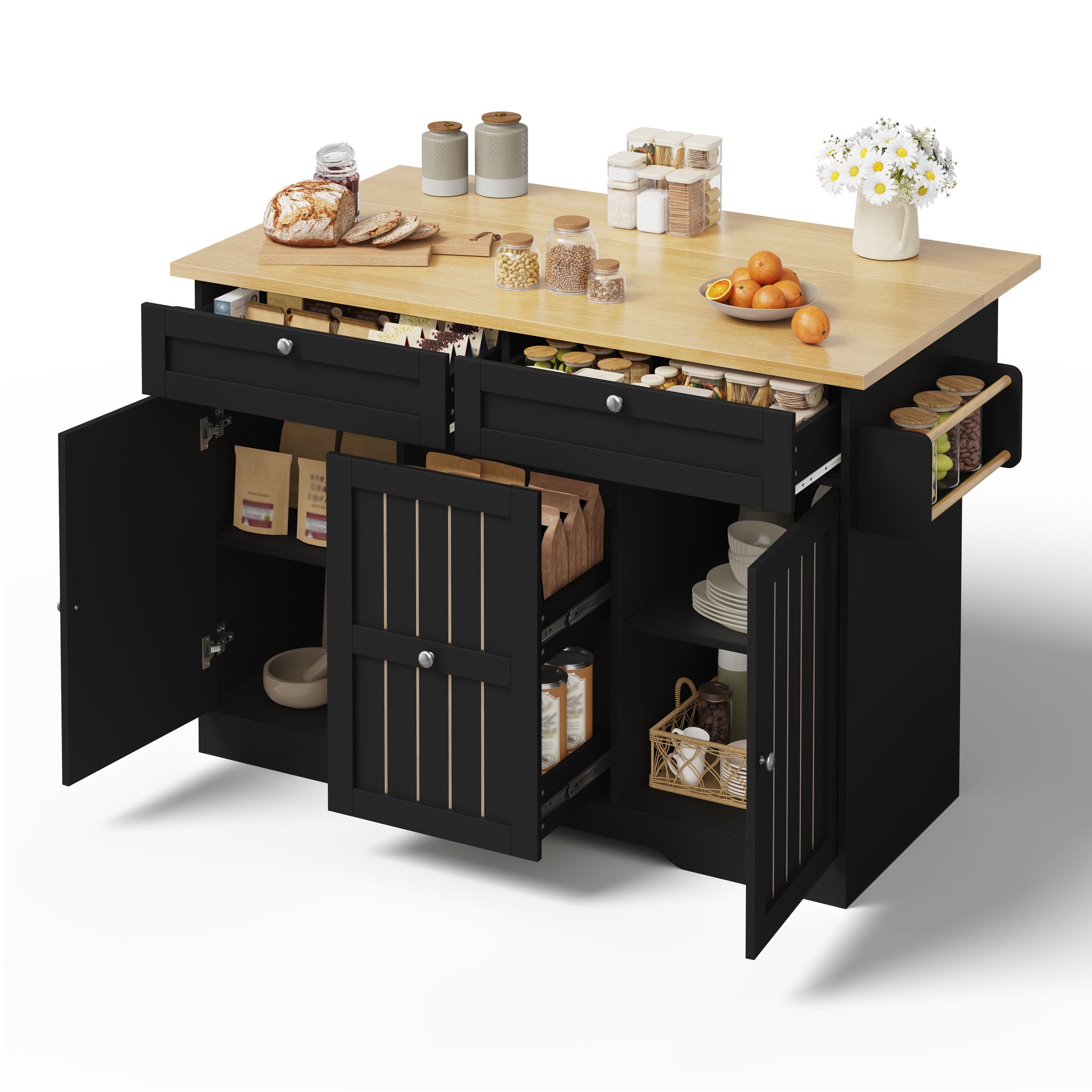 Kücheninsel Rollbar Mit Klappplatte Mdf Schubladen, 120 X 45 X 92 Cm