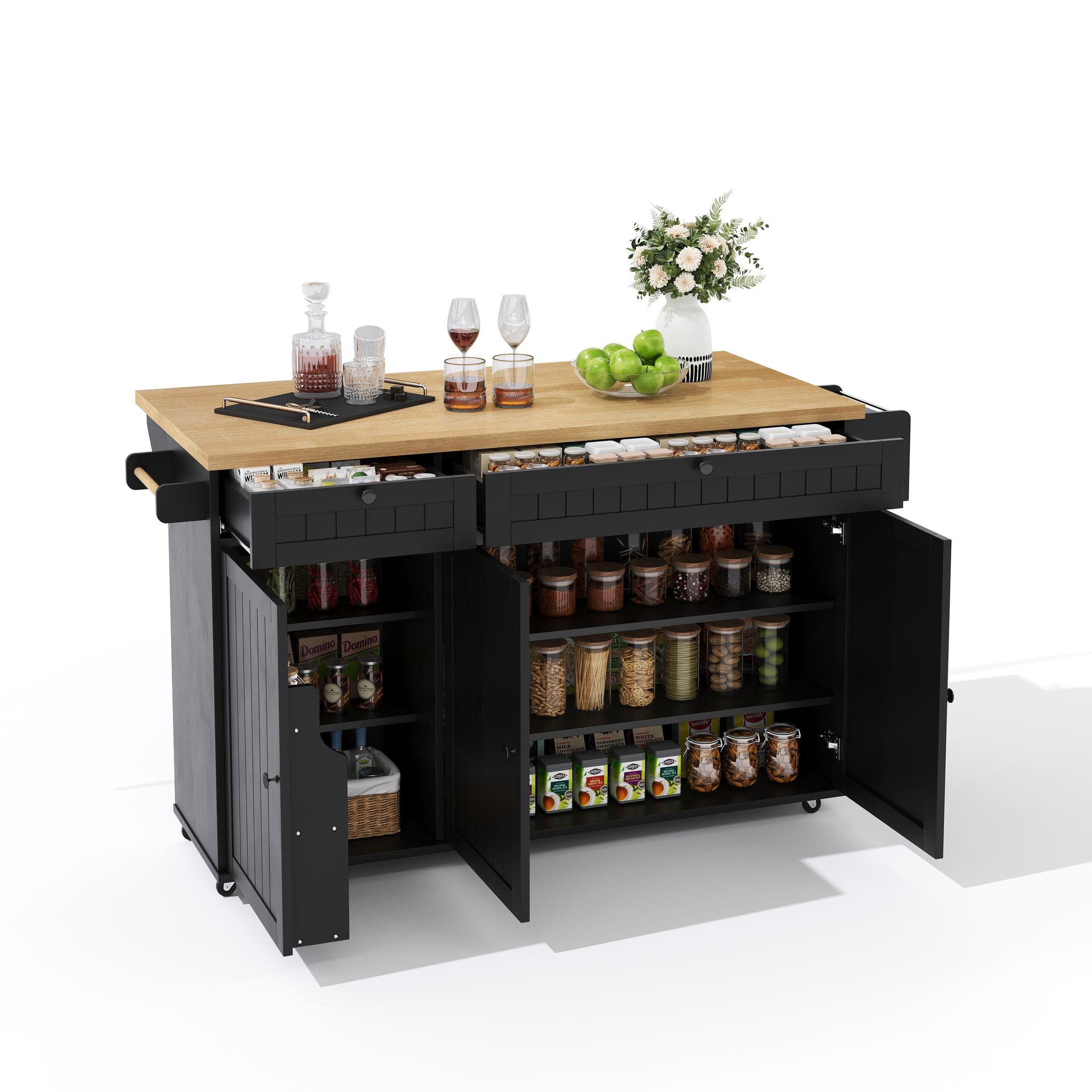 Kücheninsel Rollbar Mit Klappplatte Schwarz Schubladen, Feststellbare Rollen, 137 X 89,5 X 45 Cm